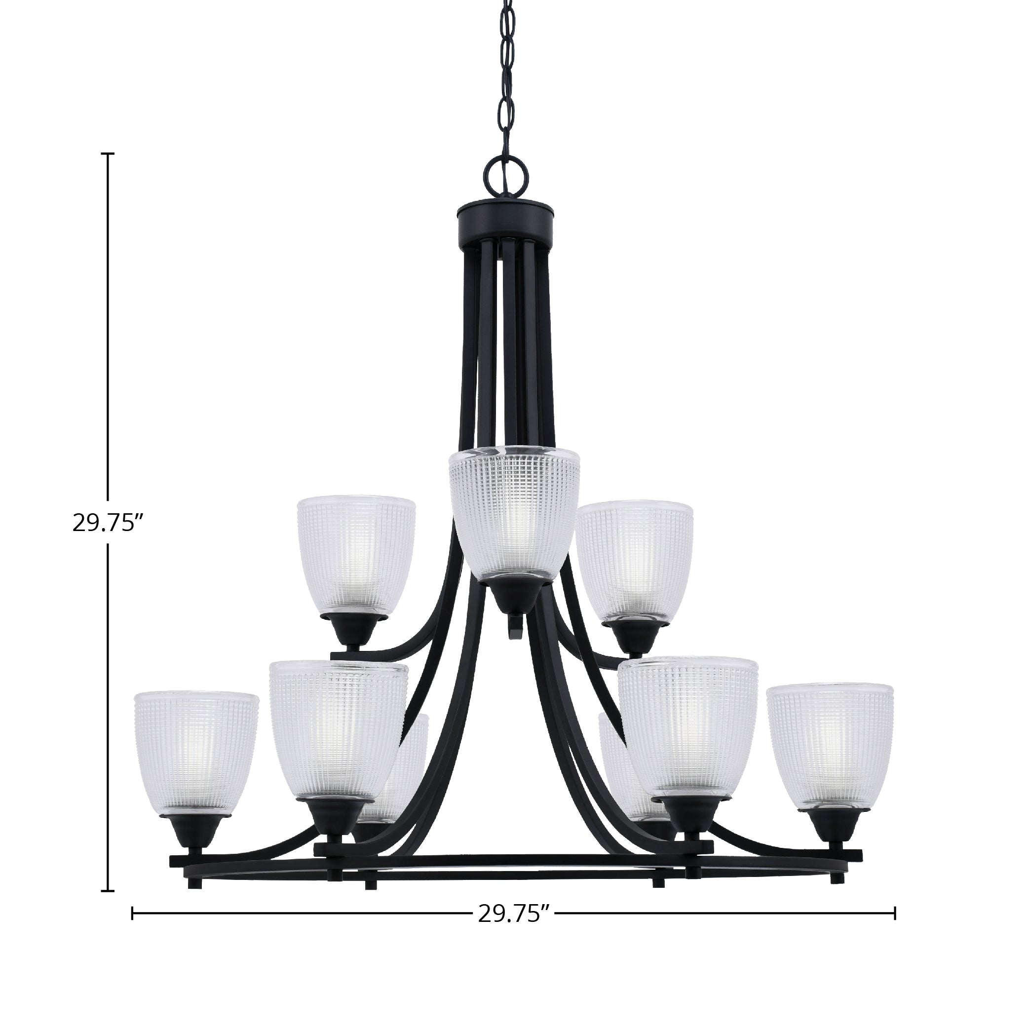 Paramount Nine Light Chandelier in Matte Black with 5" Clear Ribbed Shade