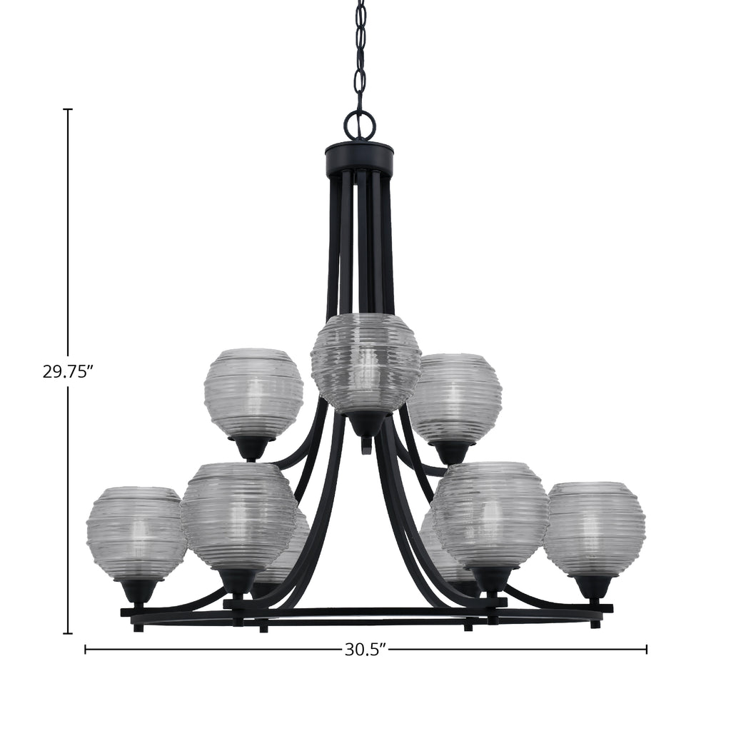 Paramount Nine Light Chandelier in Matte Black with 6" Clear Ribbed Shade