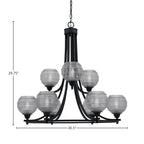 Paramount Nine Light Chandelier in Matte Black with 6" Clear Ribbed Shade