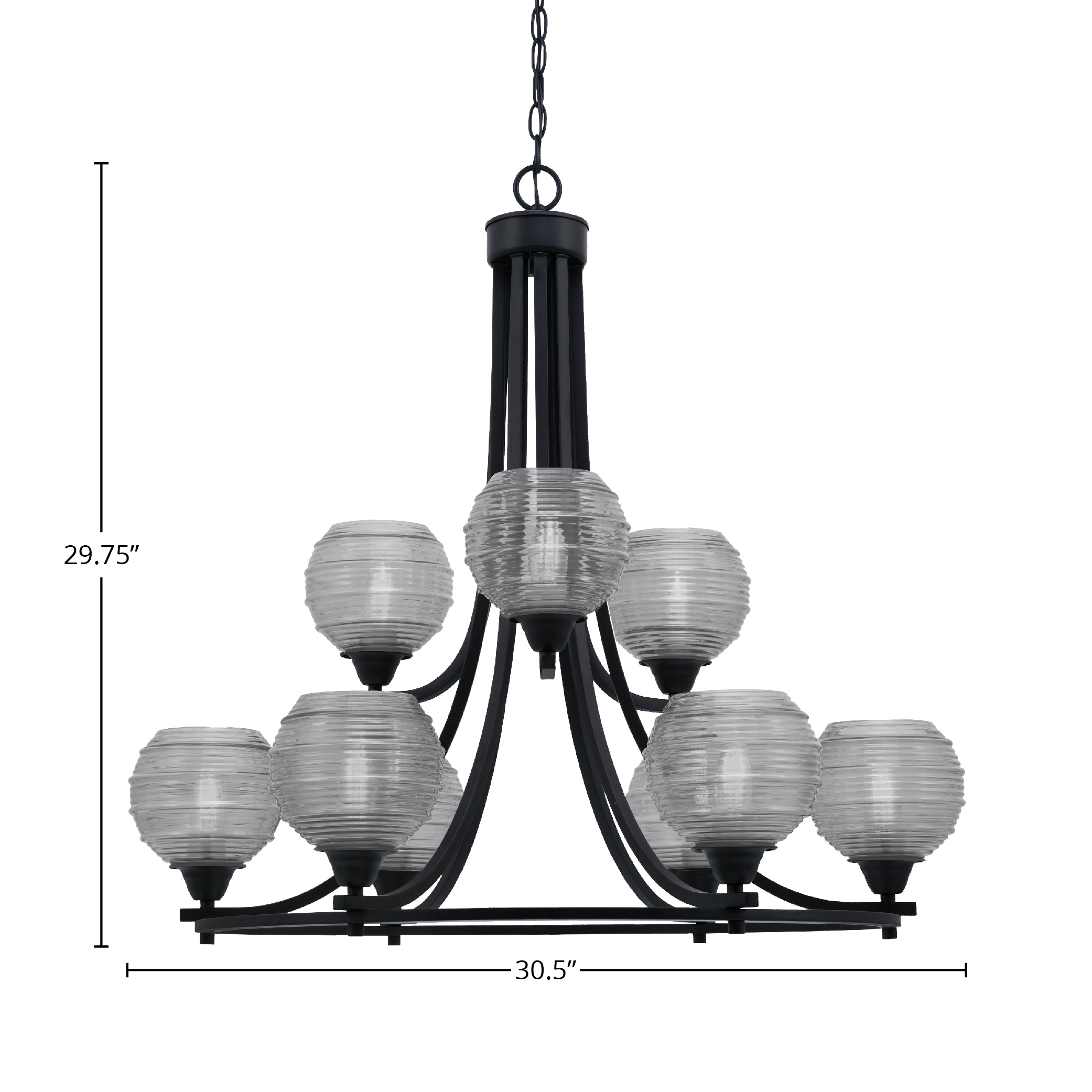 Paramount Nine Light Chandelier in Matte Black with 6" Clear Ribbed Shade