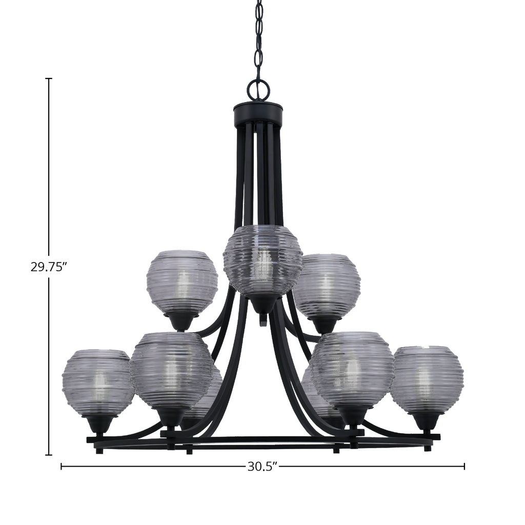 Paramount Nine Light Chandelier in Matte Black with 6" Smoke Ribbed Shade