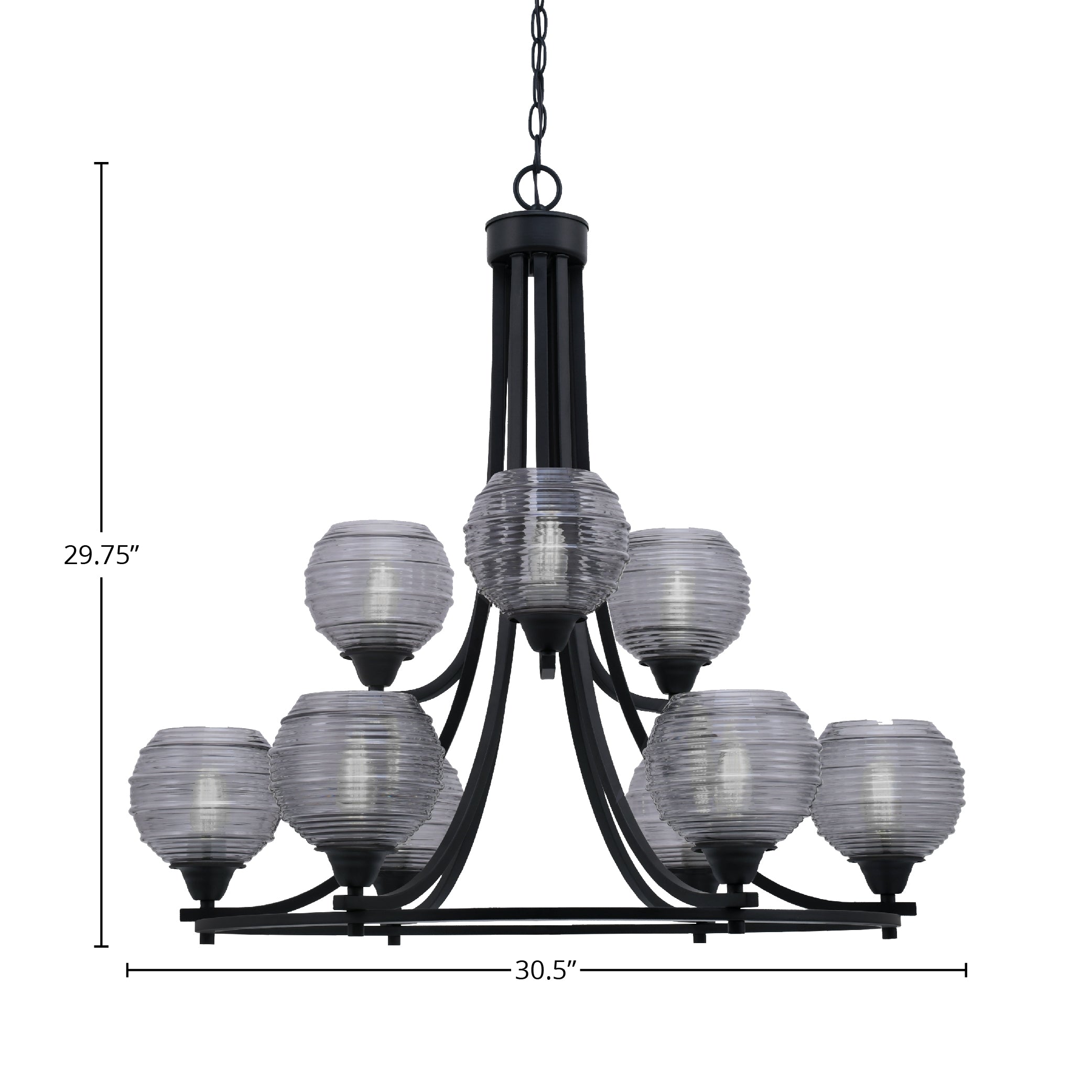 Paramount Nine Light Chandelier in Matte Black with 6" Smoke Ribbed Shade