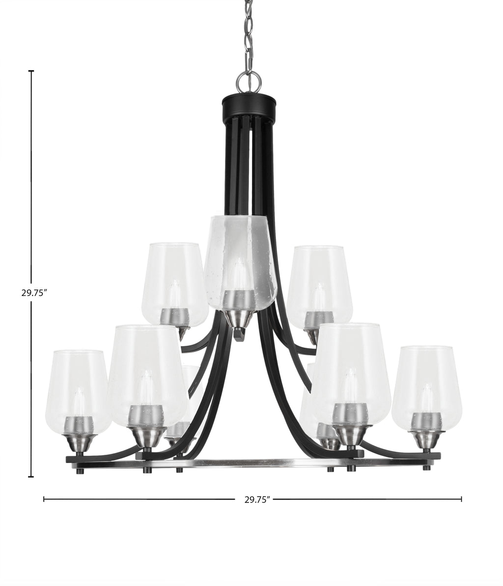 Paramount Nine Light Chandelier in Matte Black & Brushed Nickel with 5" Clear Bubble Shade