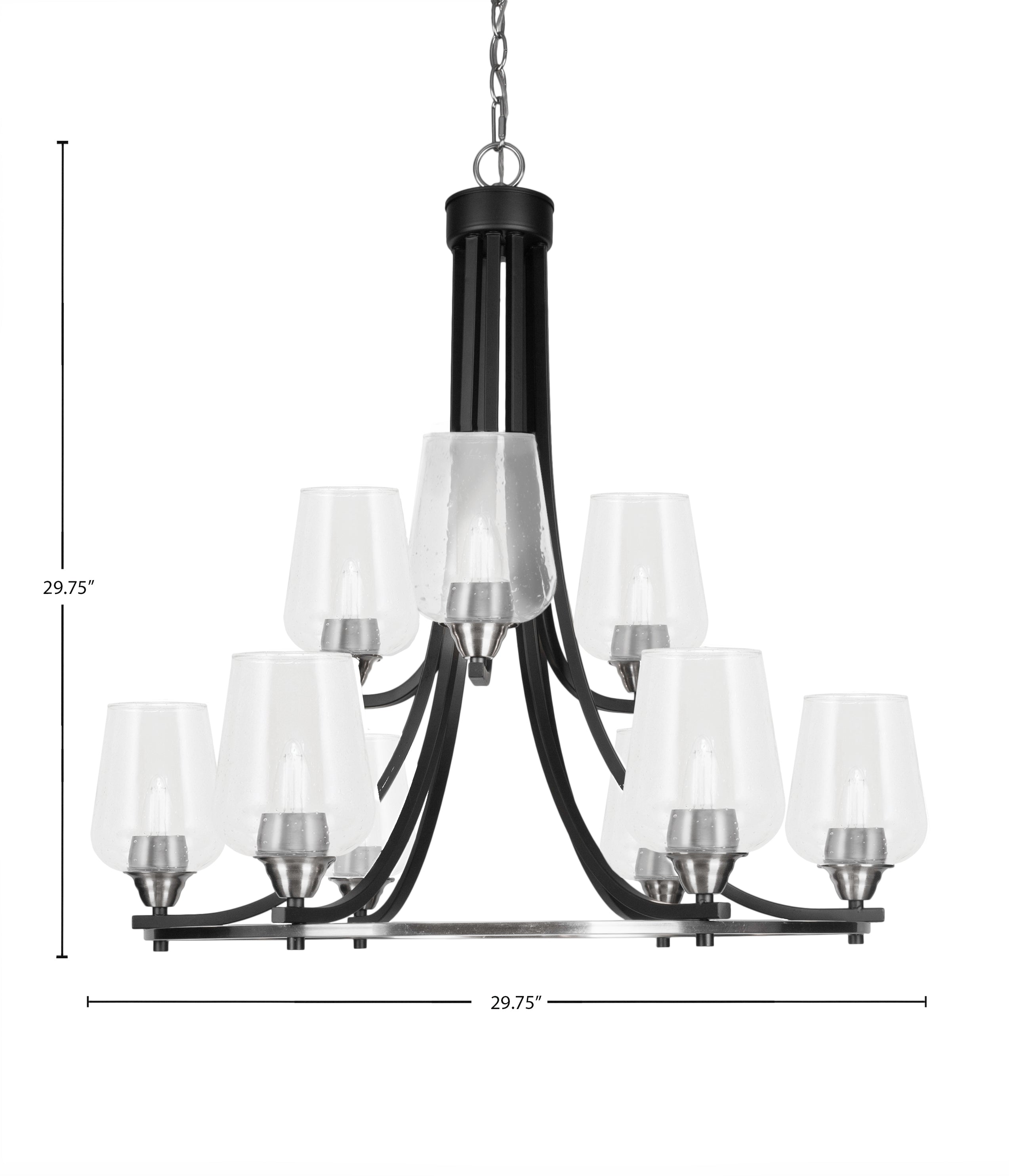Paramount Nine Light Chandelier in Matte Black & Brushed Nickel with 5" Clear Bubble Shade