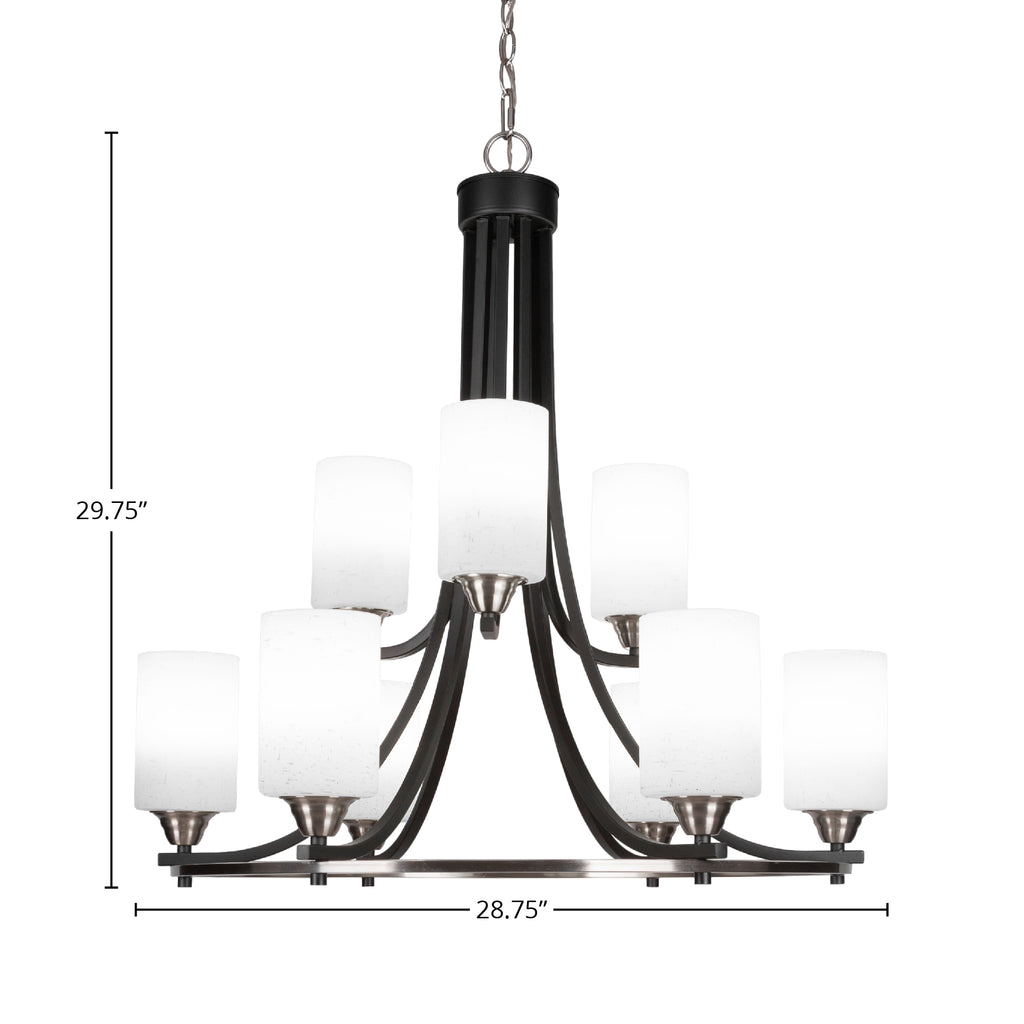 Paramount Nine Light Chandelier in Matte Black & Brushed Nickel with 4" White Muslin Shade