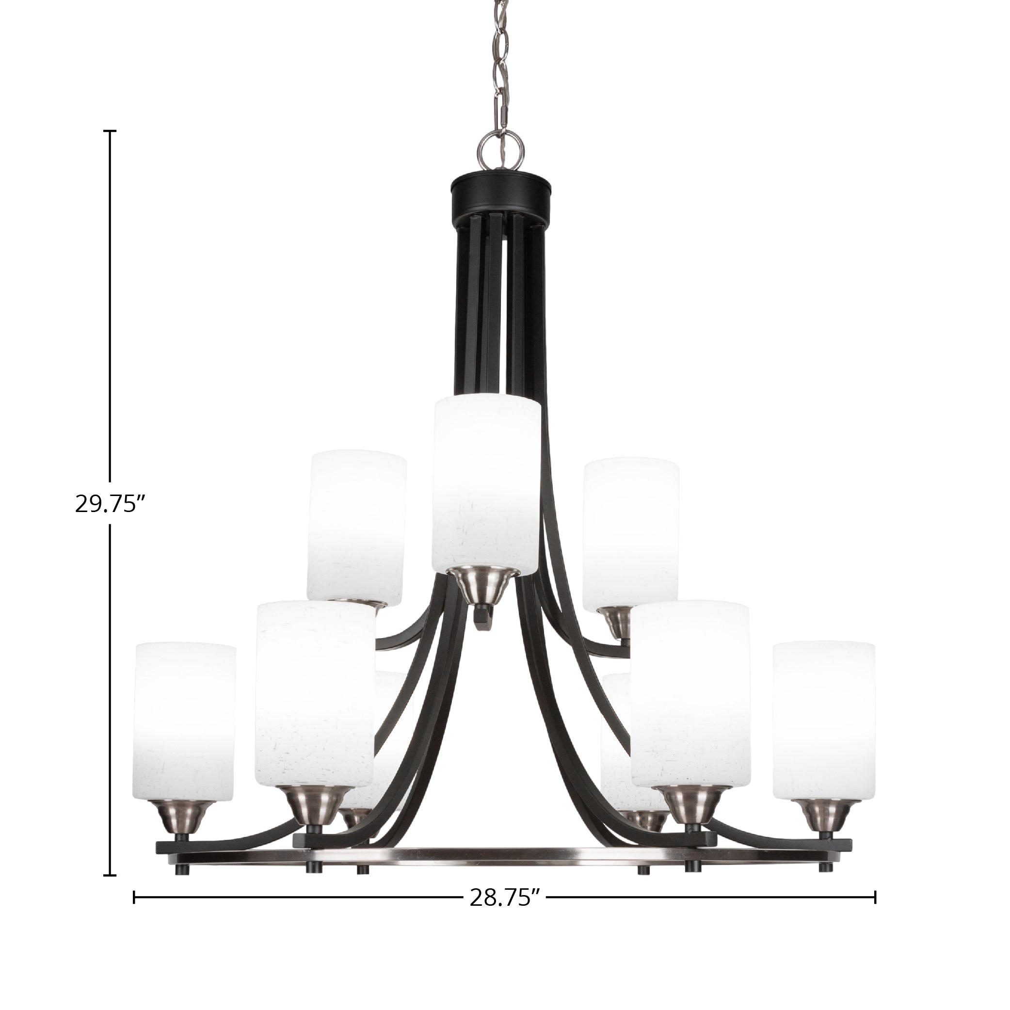 Paramount Nine Light Chandelier in Matte Black & Brushed Nickel with 4" White Muslin Shade