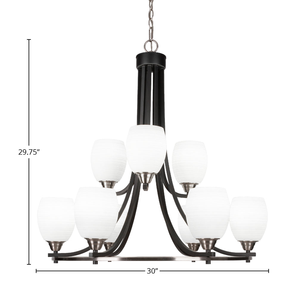 Paramount Nine Light Chandelier in Matte Black & Brushed Nickel with 5" White Matrix Shade
