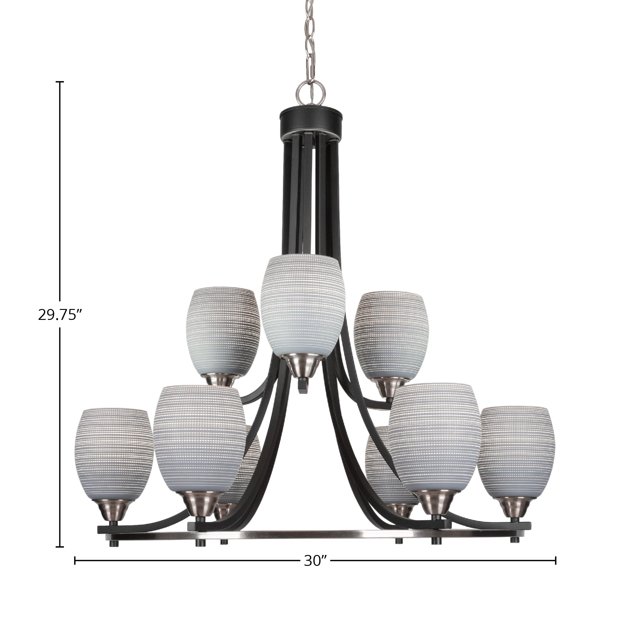 Paramount Nine Light Chandelier in Matte Black & Brushed Nickel with 5" Gray Matrix Shade
