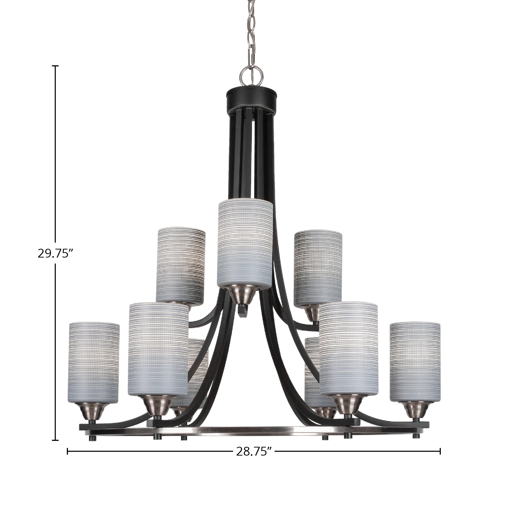 Paramount Nine Light Chandelier in Matte Black & Brushed Nickel with 4" Gray Matrix Shade