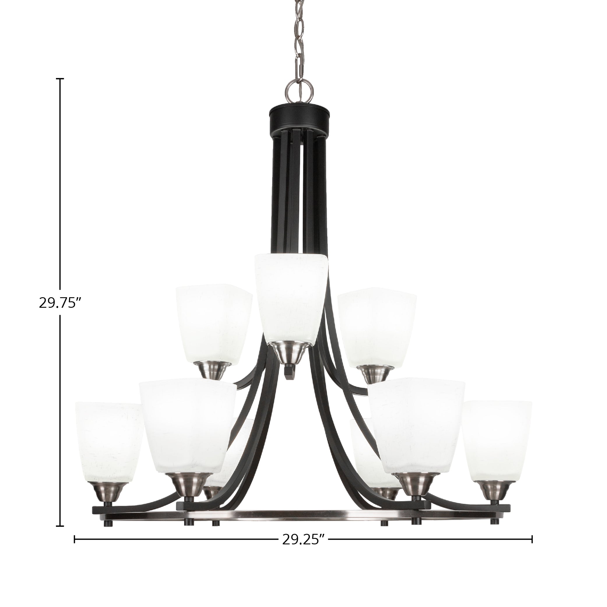 Paramount Nine Light Chandelier in Matte Black & Brushed Nickel with 4.5" Square White Muslin Shade