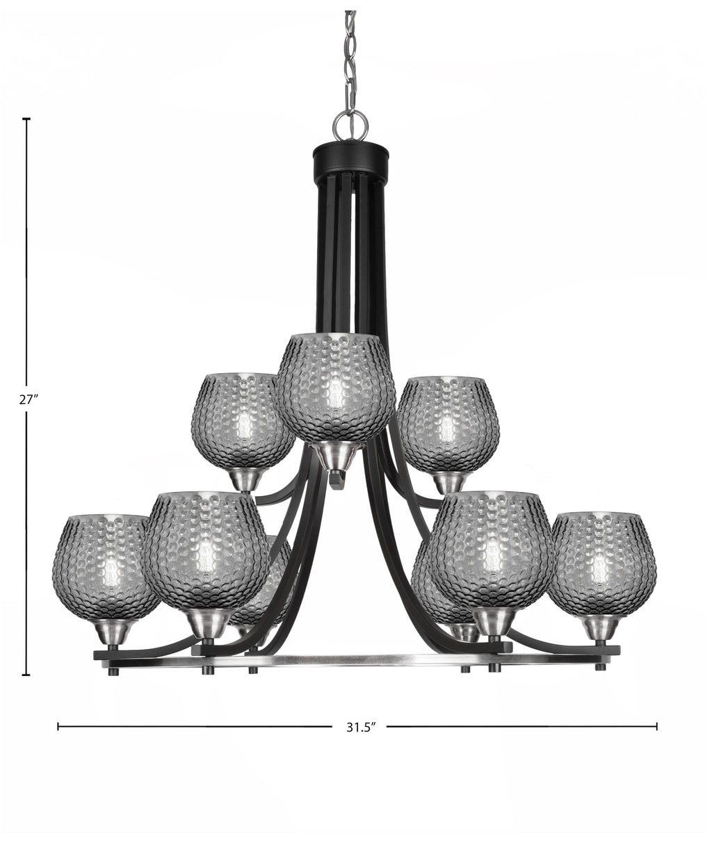 Paramount Nine Light Chandelier in Matte Black & Brushed Nickel with Smoke Textured Shade