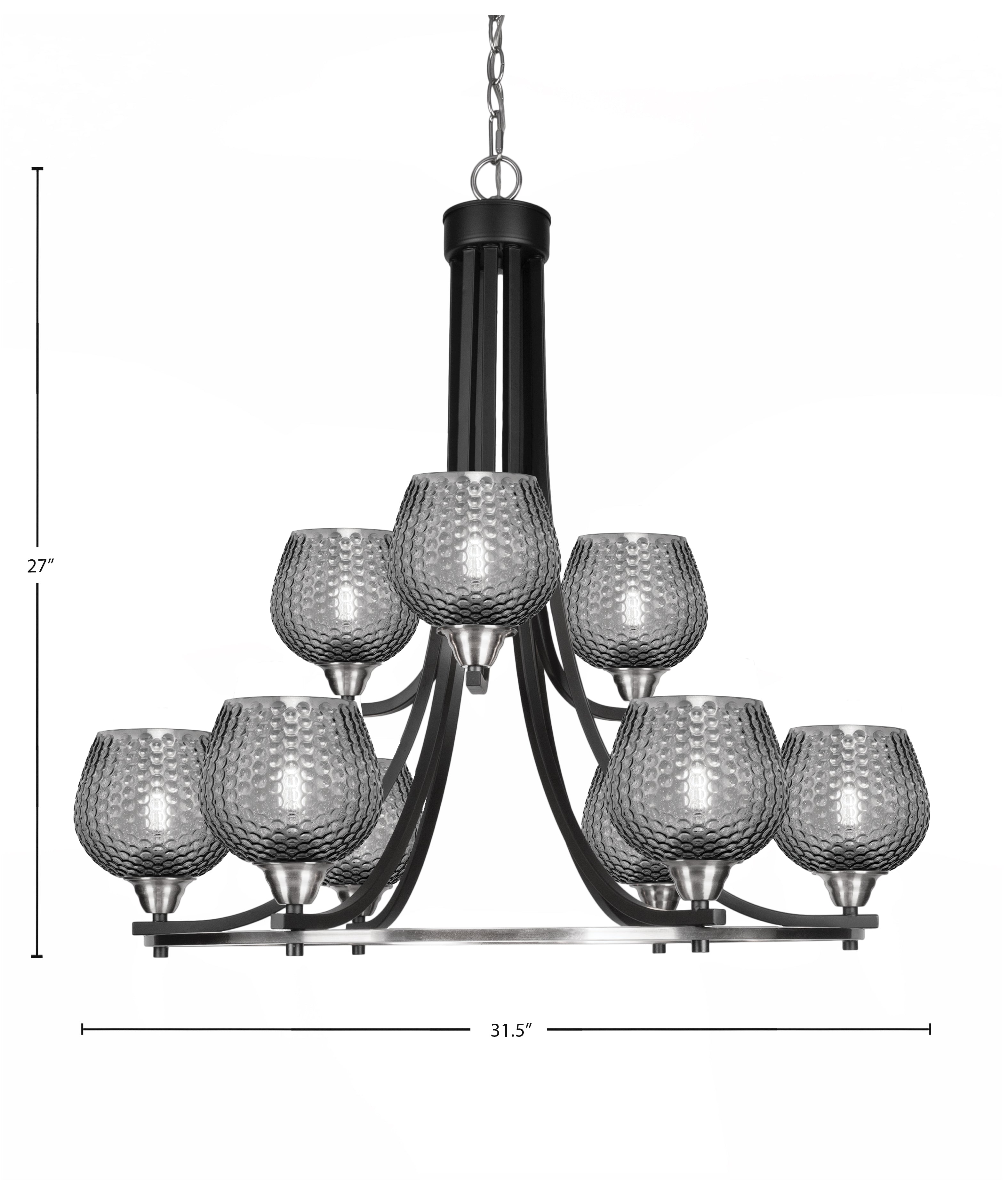 Paramount Nine Light Chandelier in Matte Black & Brushed Nickel with Smoke Textured Shade