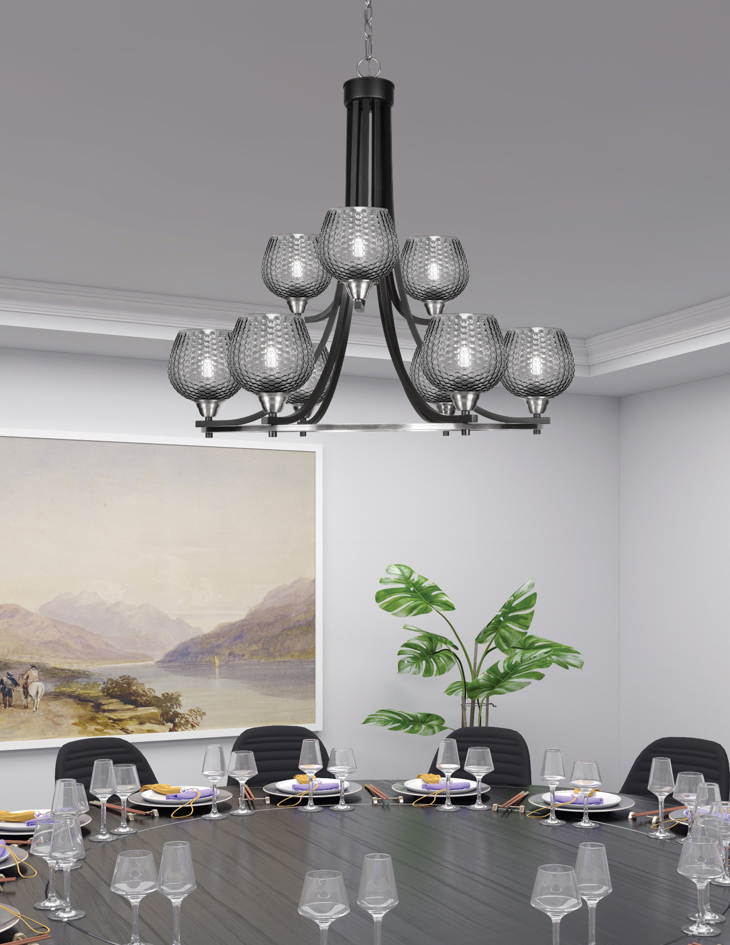 Paramount Nine Light Chandelier in Matte Black & Brushed Nickel with Smoke Textured Shade