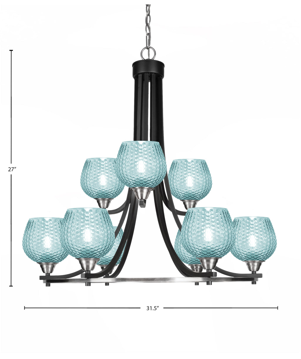 Paramount Nine Light Chandelier in Matte Black & Brushed Nickel with Turquoise Textured Shade