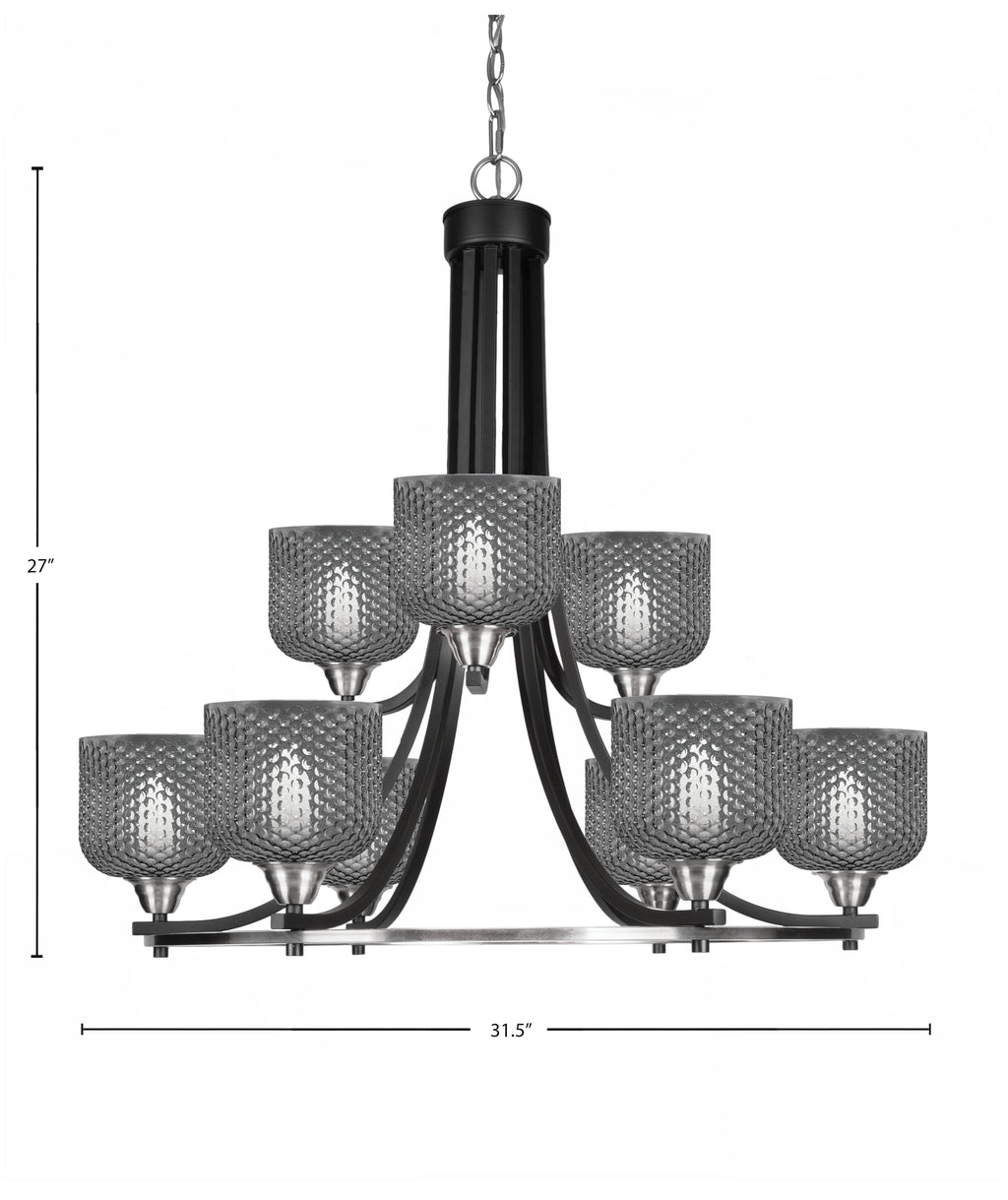 Paramount Nine Light Chandelier in Matte Black & Brushed Nickel with Smoke Textured Shade