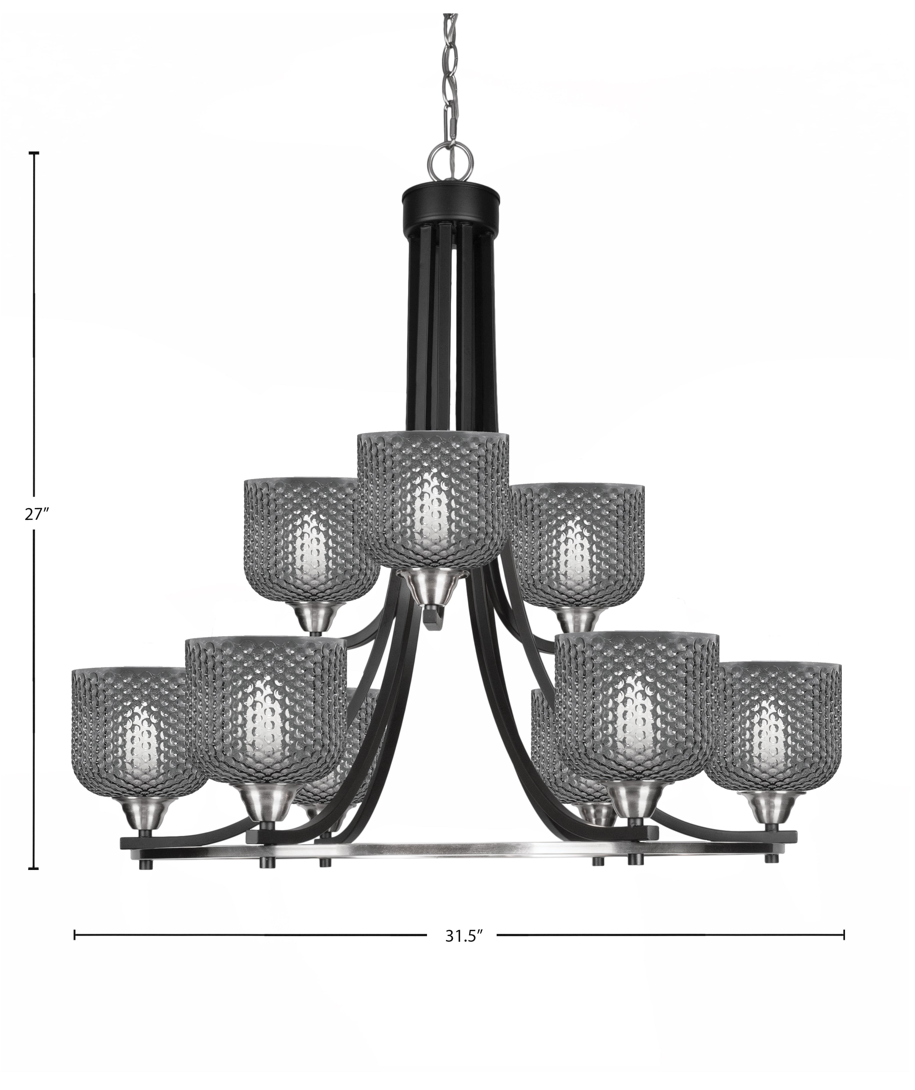 Paramount Nine Light Chandelier in Matte Black & Brushed Nickel with Smoke Textured Shade