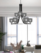 Paramount Nine Light Chandelier in Matte Black & Brushed Nickel with Smoke Textured Shade