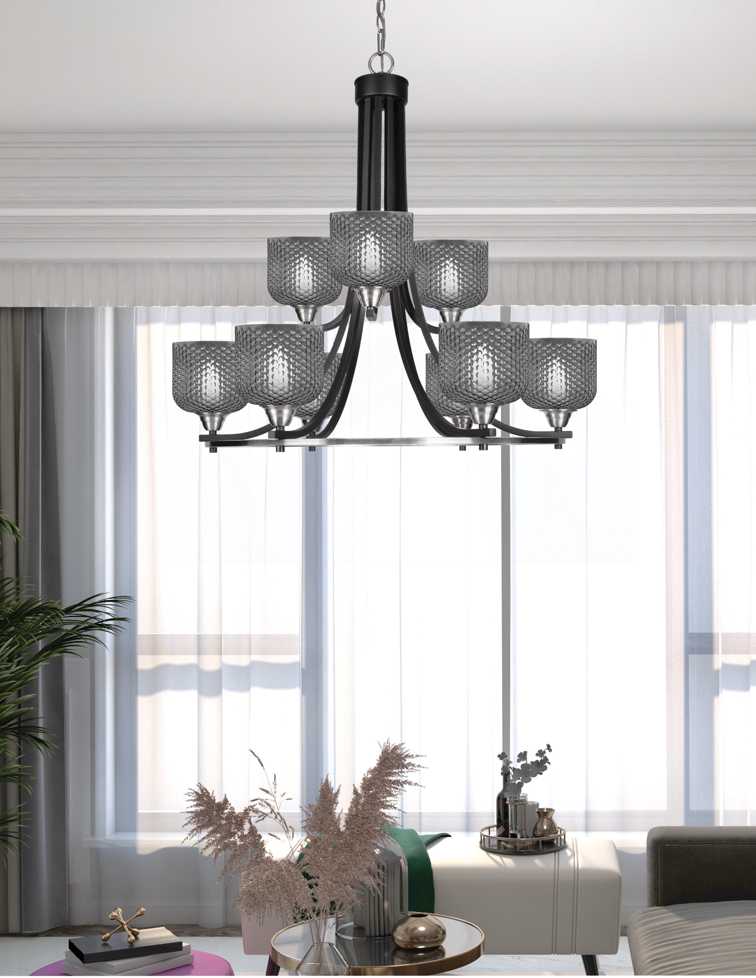 Paramount Nine Light Chandelier in Matte Black & Brushed Nickel with Smoke Textured Shade