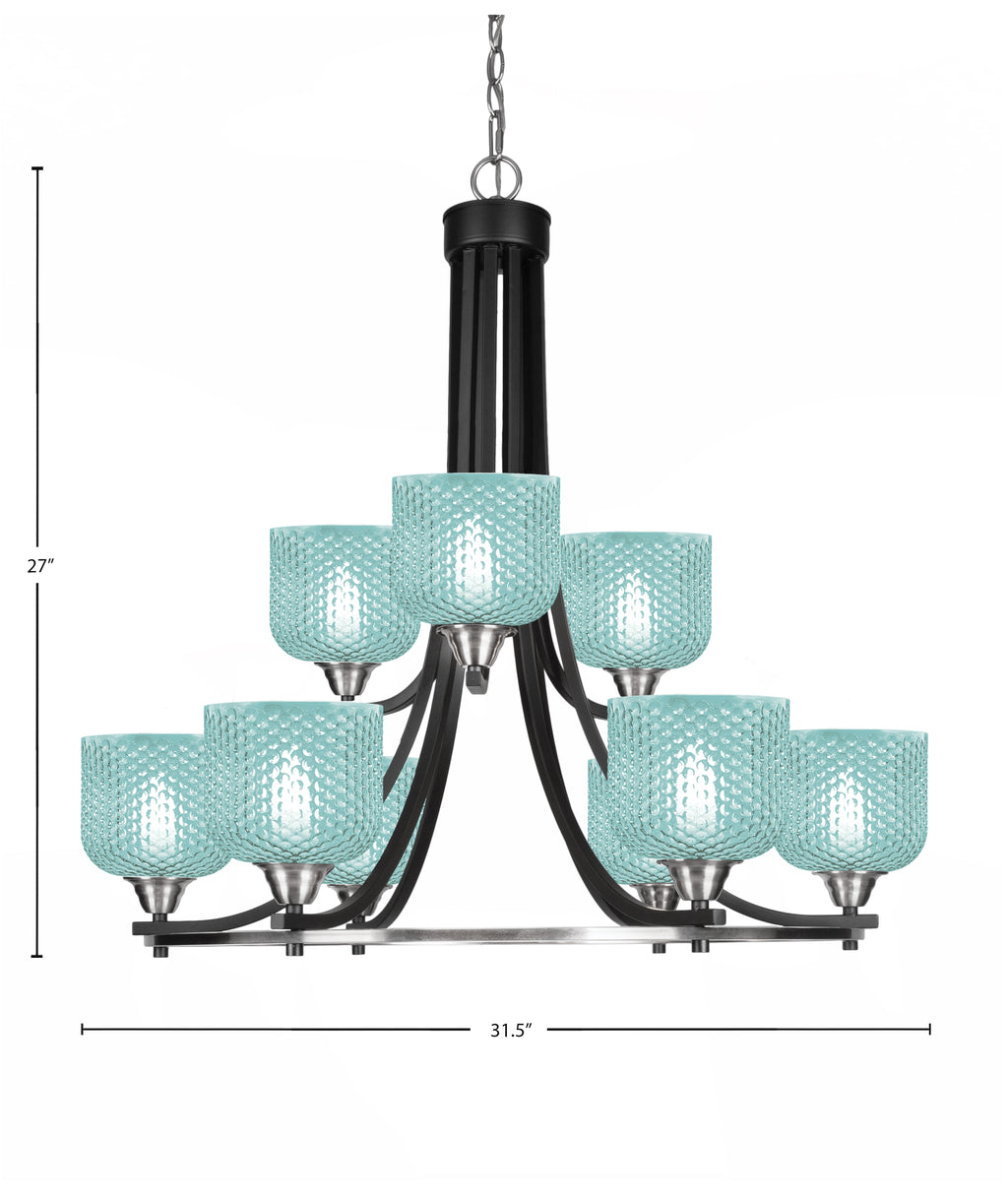 Paramount Nine Light Chandelier in Matte Black & Brushed Nickel with Turquoise Textured Shade
