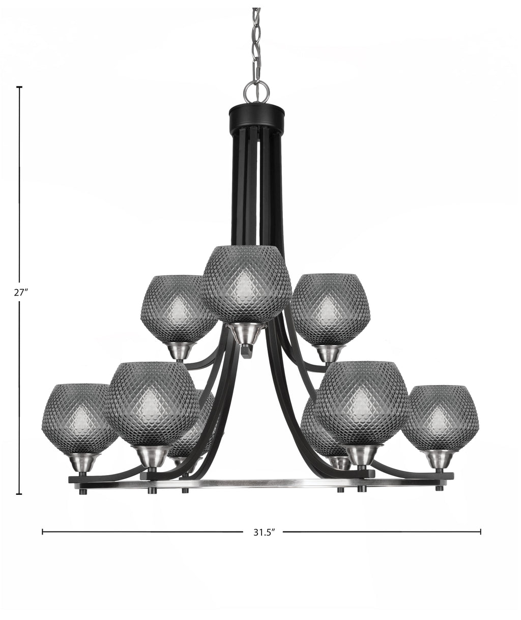 Paramount Nine Light Chandelier in Matte Black & Brushed Nickel with Smoke Textured Shade