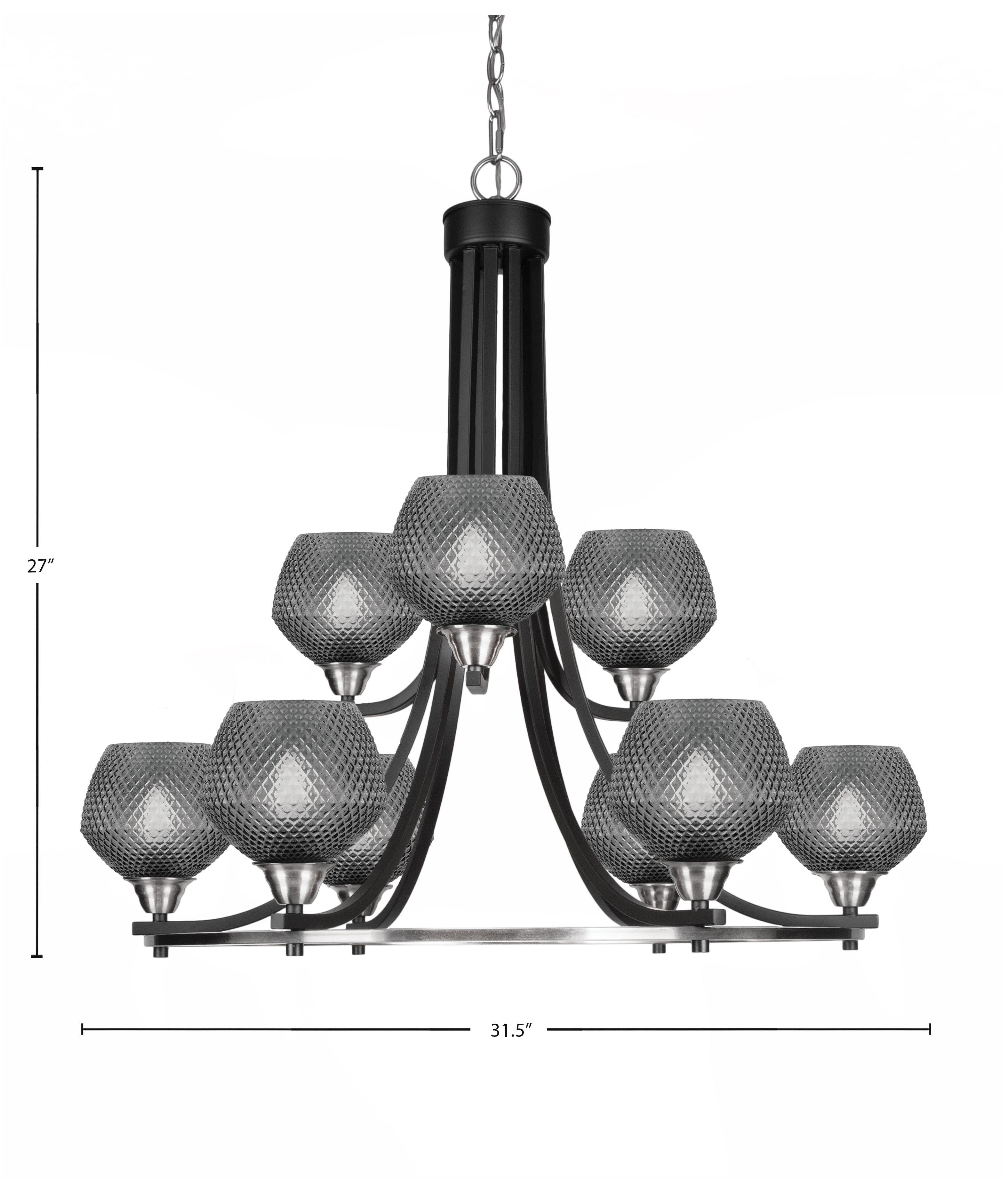 Paramount Nine Light Chandelier in Matte Black & Brushed Nickel with Smoke Textured Shade