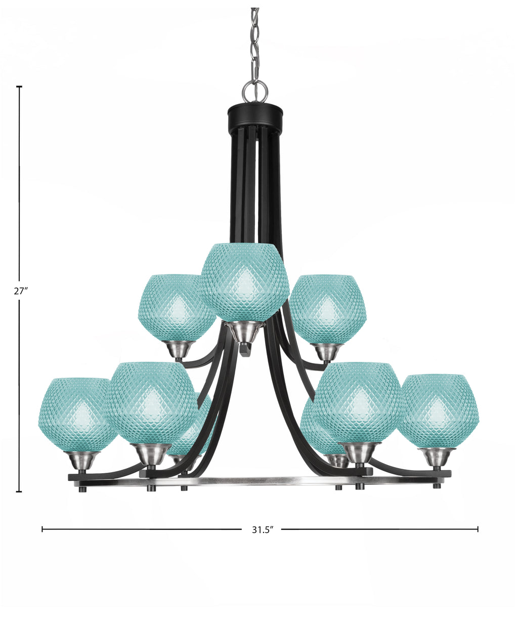 Paramount Nine Light Chandelier in Matte Black & Brushed Nickel with Turquoise Textured Shade