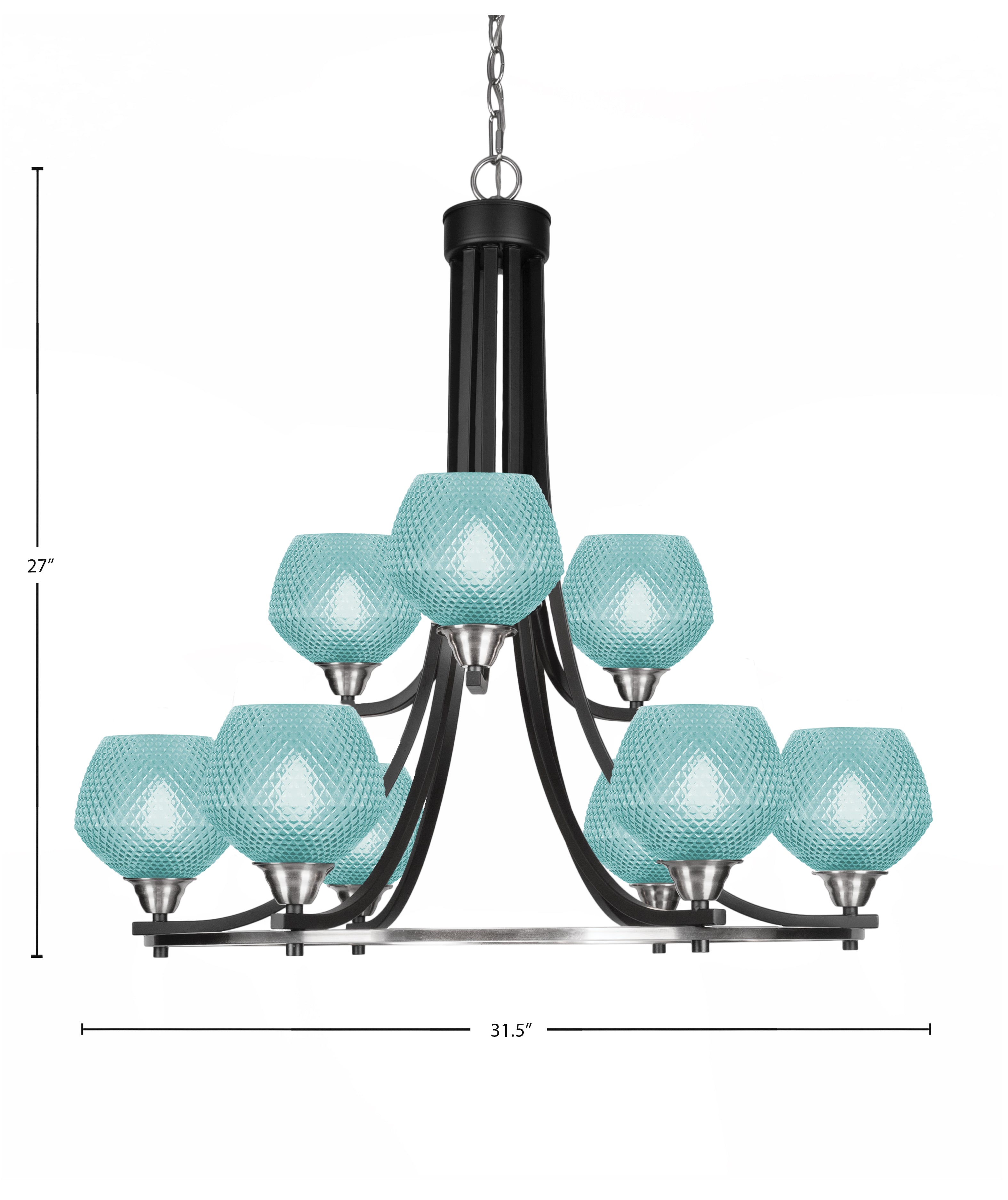 Paramount Nine Light Chandelier in Matte Black & Brushed Nickel with Turquoise Textured Shade