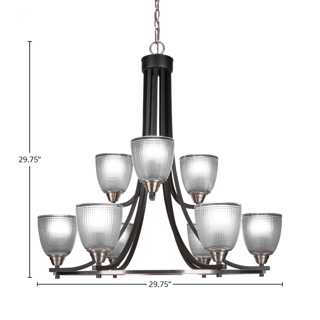 Paramount Nine Light Chandelier in Matte Black & Brushed Nickel with 5" Clear Ribbed Shade