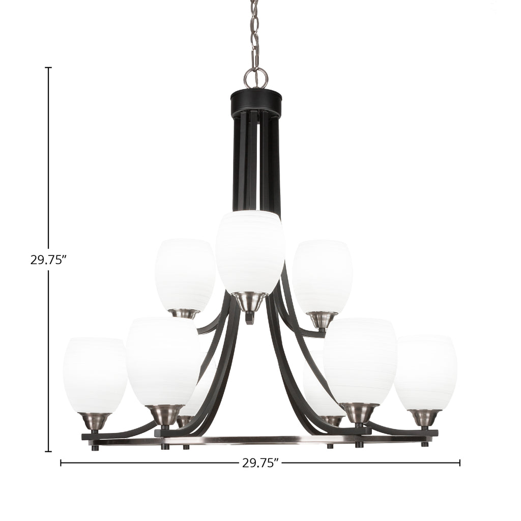 Paramount Nine Light Chandelier in Matte Black & Brushed Nickel with 5" White Linen Shade