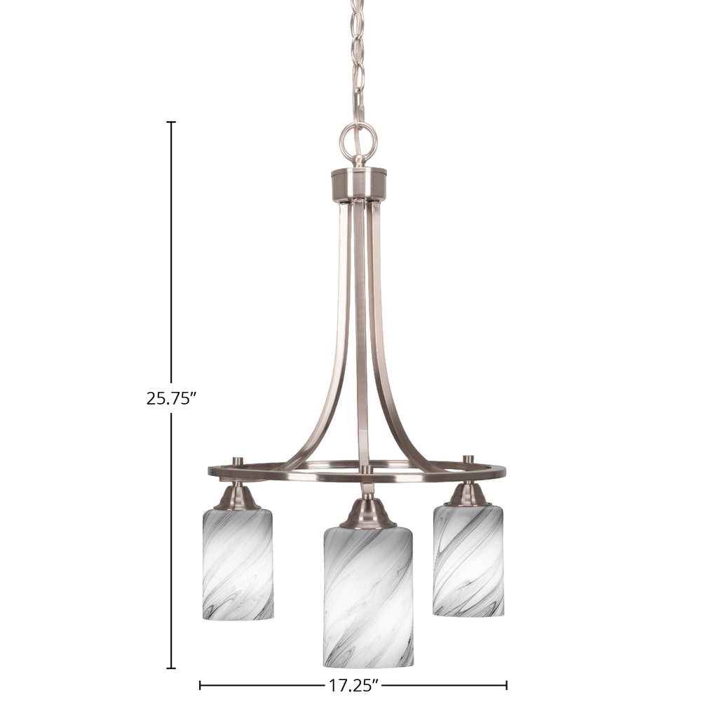 Paramount Three Light Chandelier in Brushed Nickel with 4" Onyx Swirl Shade
