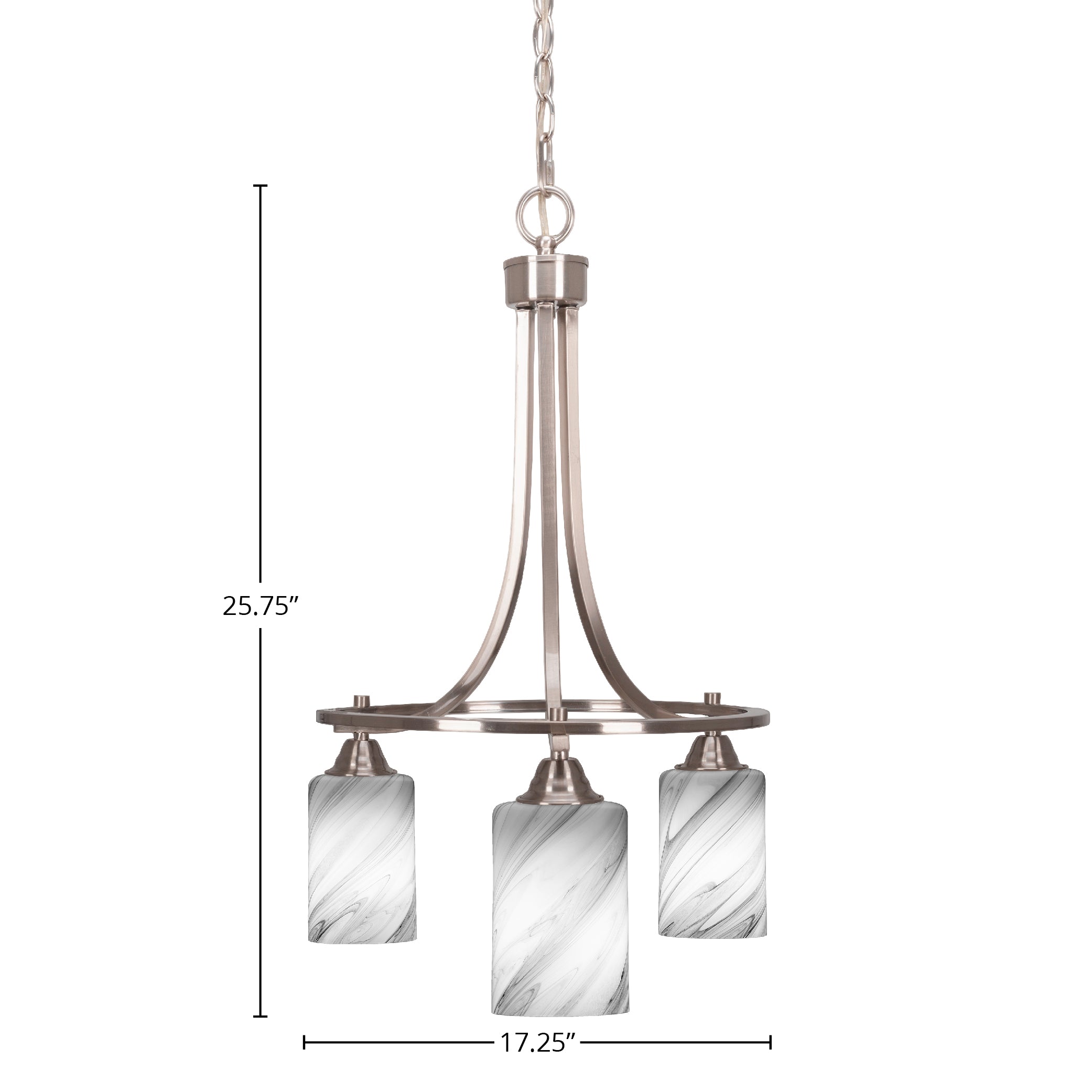 Paramount Three Light Chandelier in Brushed Nickel with 4" Onyx Swirl Shade