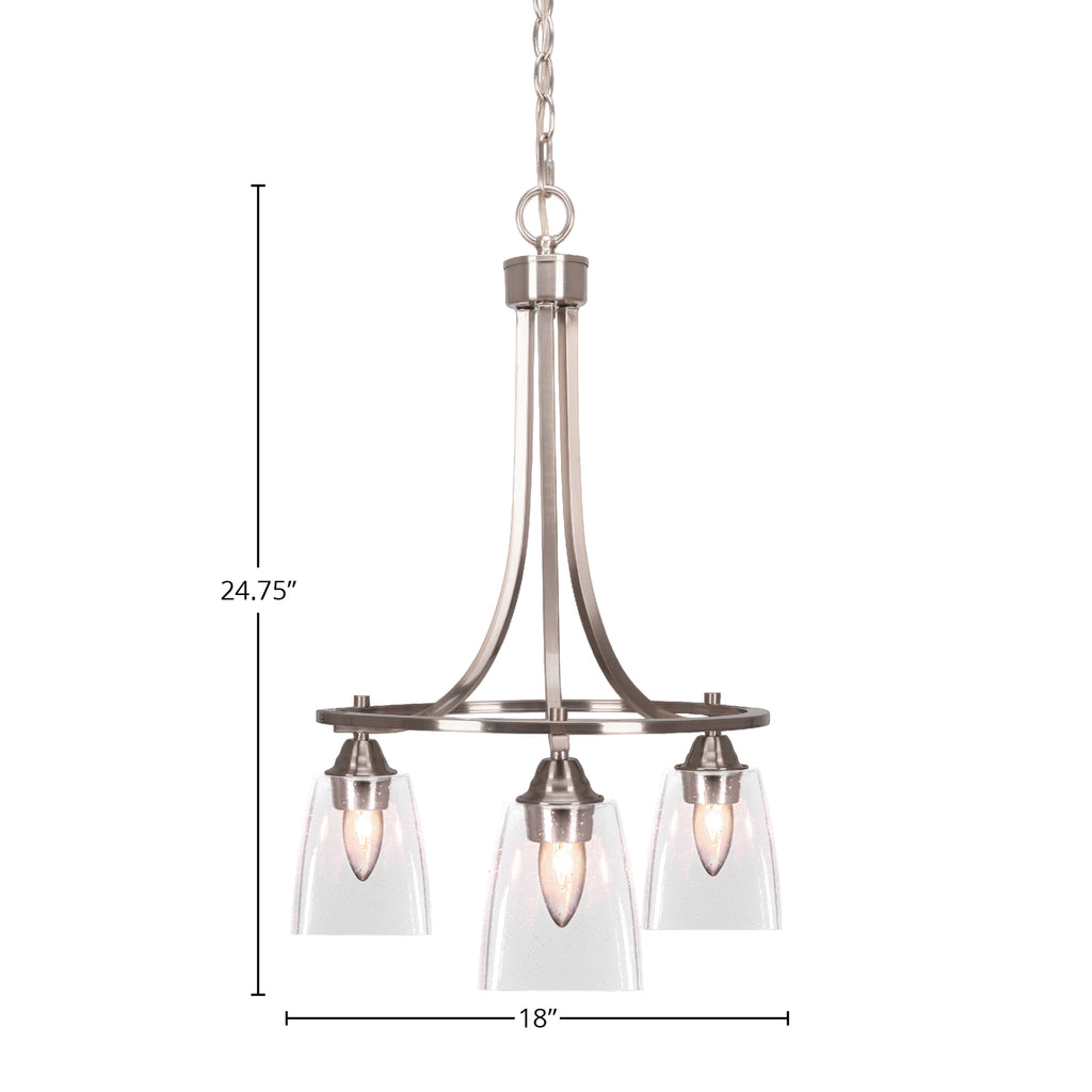 Paramount Three Light Chandelier in Brushed Nickel with 4.5" Square Clear Bubble Shade