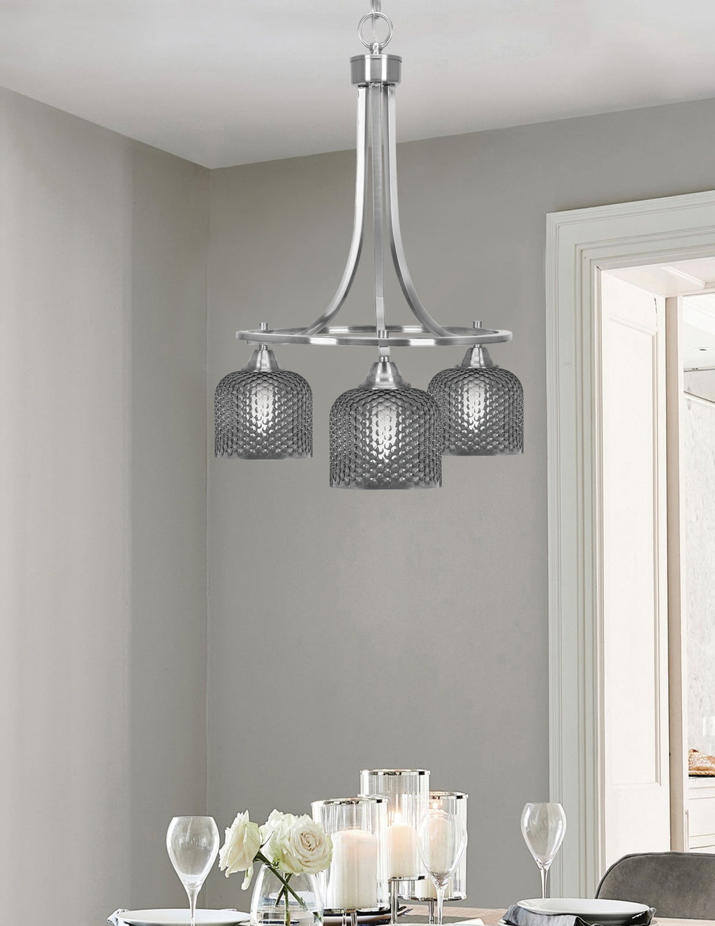 Paramount Three Light Chandelier in Brushed Nickel with Smoke Textured Shade