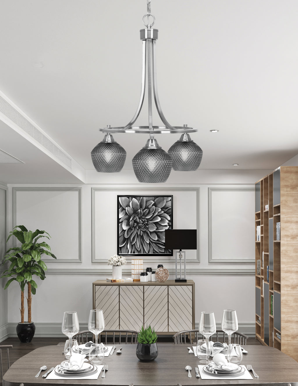 Paramount Three Light Chandelier in Brushed Nickel with Smoke Textured Shade