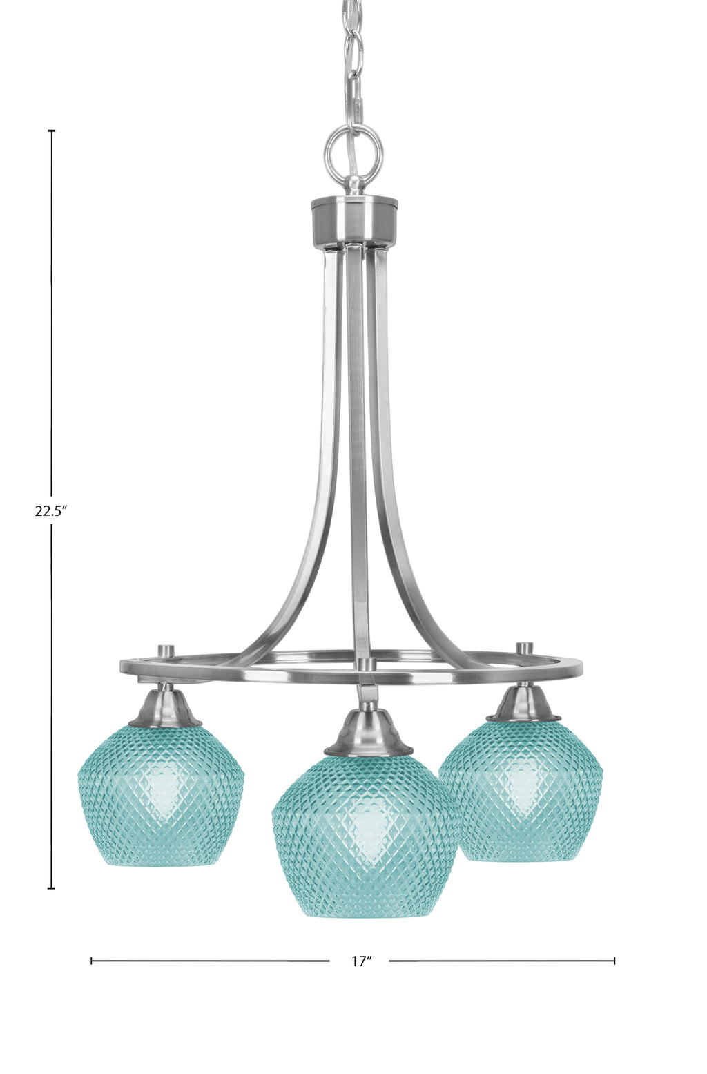 Paramount Three Light Chandelier in Brushed Nickel with Turquoise Textured Shade