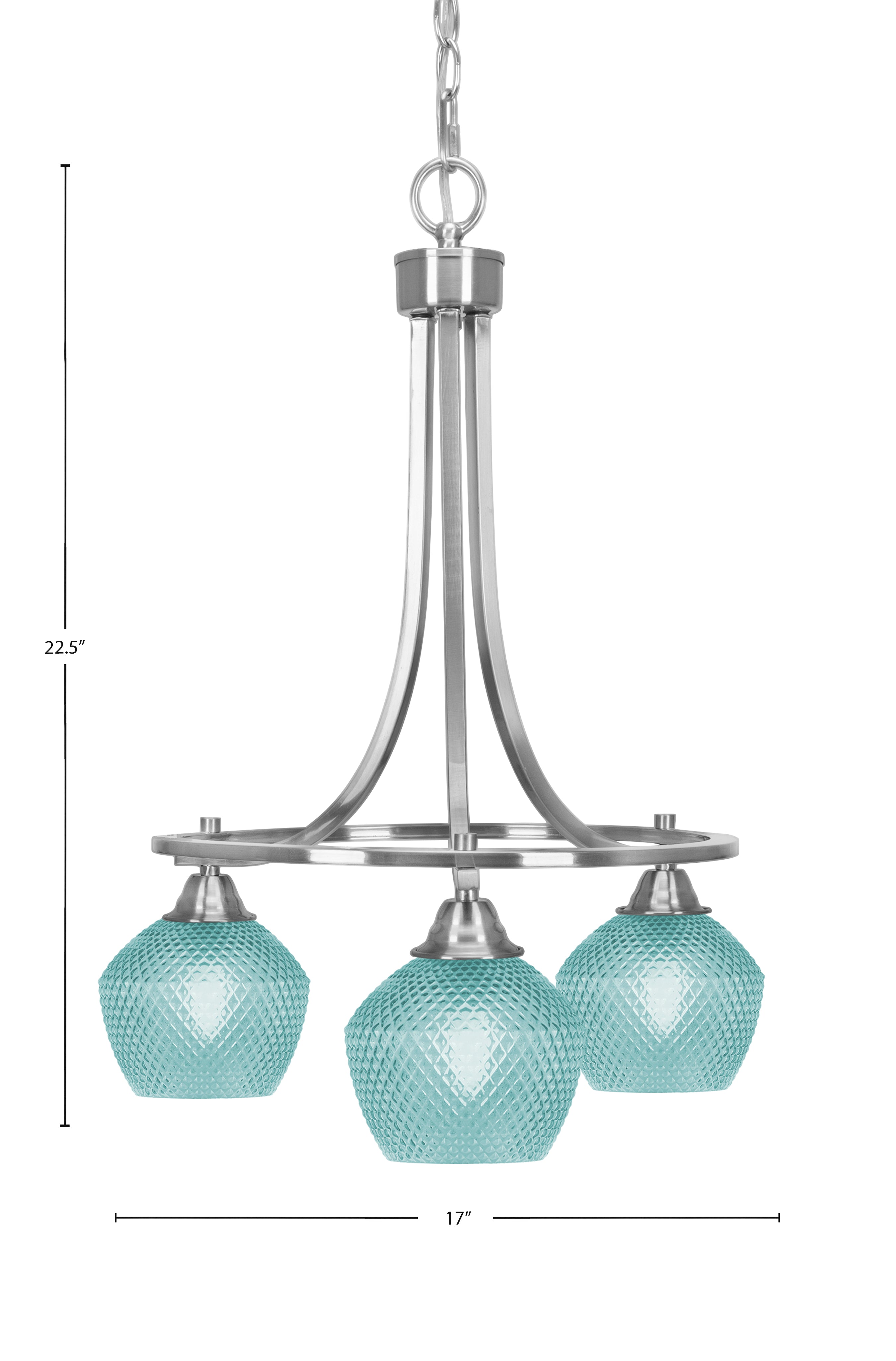 Paramount Three Light Chandelier in Brushed Nickel with Turquoise Textured Shade