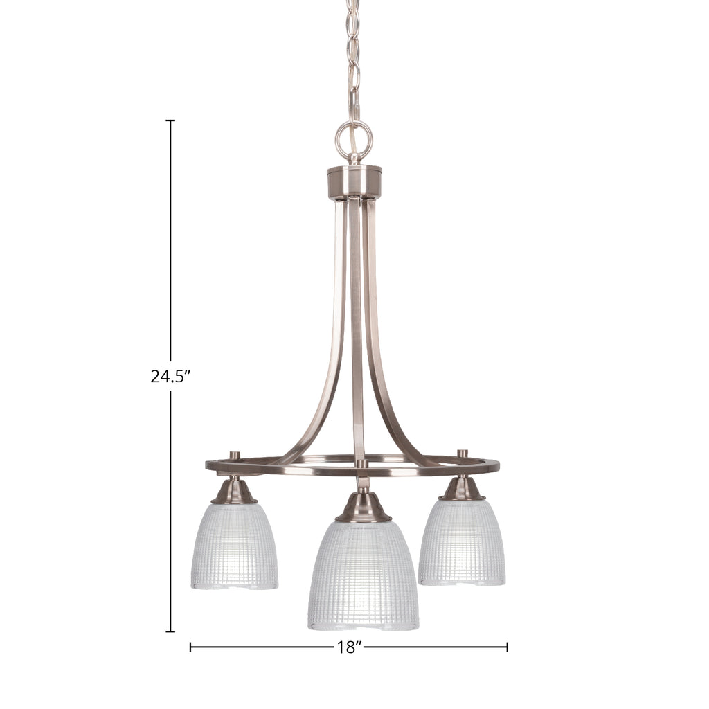 Paramount Three Light Chandelier in Brushed Nickel with 5" Clear Ribbed Shade