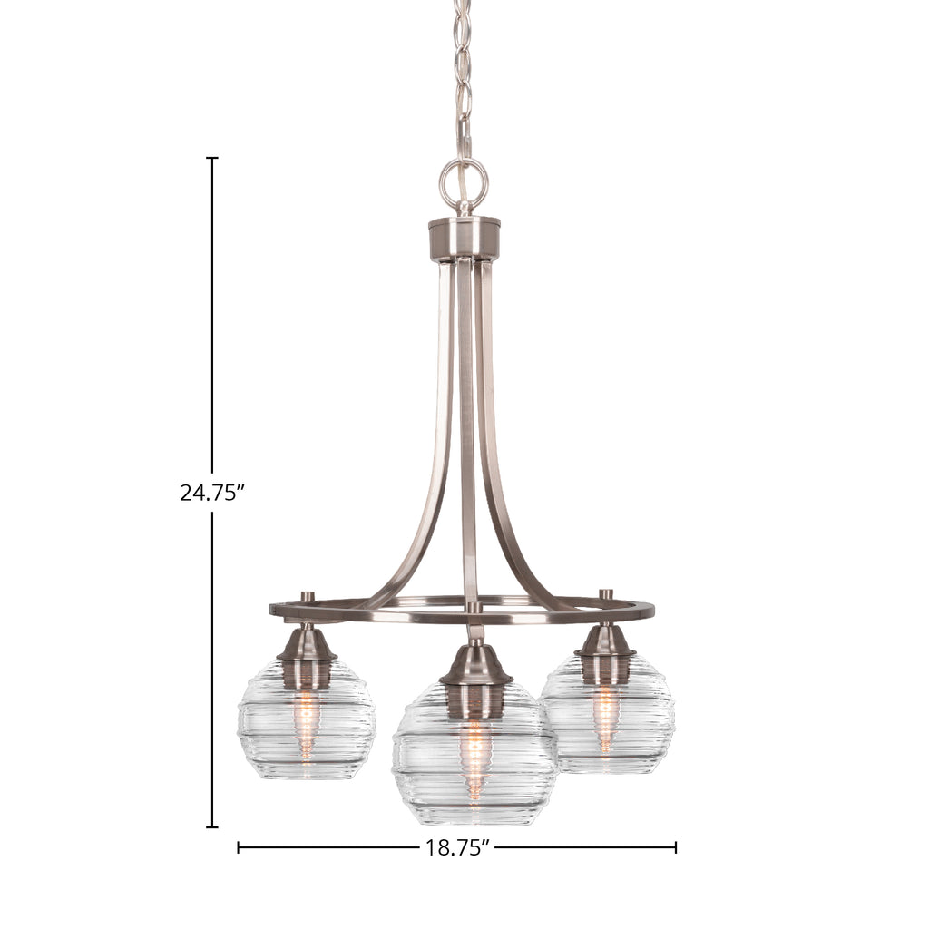 Paramount Three Light Chandelier in Brushed Nickel with 6" Clear Ribbed Shade