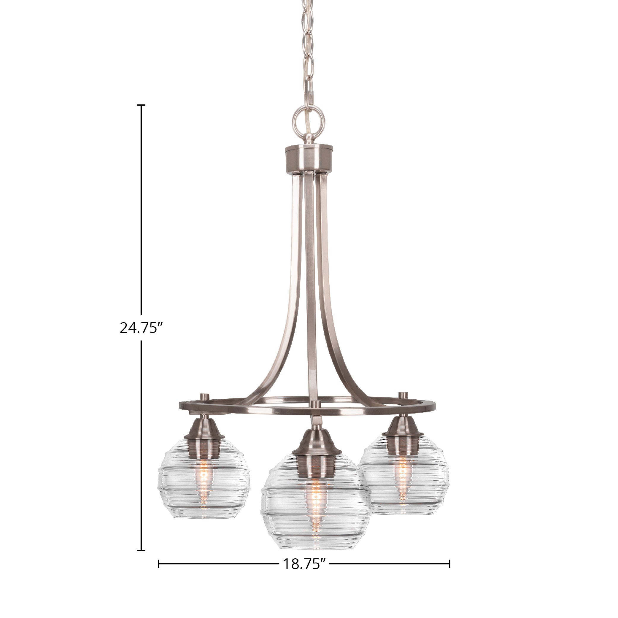 Paramount Three Light Chandelier in Brushed Nickel with 6" Clear Ribbed Shade
