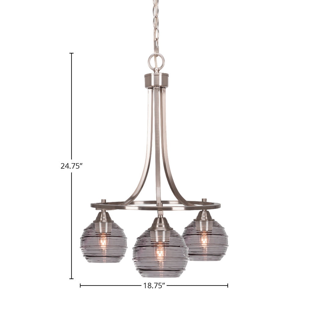 Paramount Three Light Chandelier in Brushed Nickel with 6" Smoke Ribbed Shade
