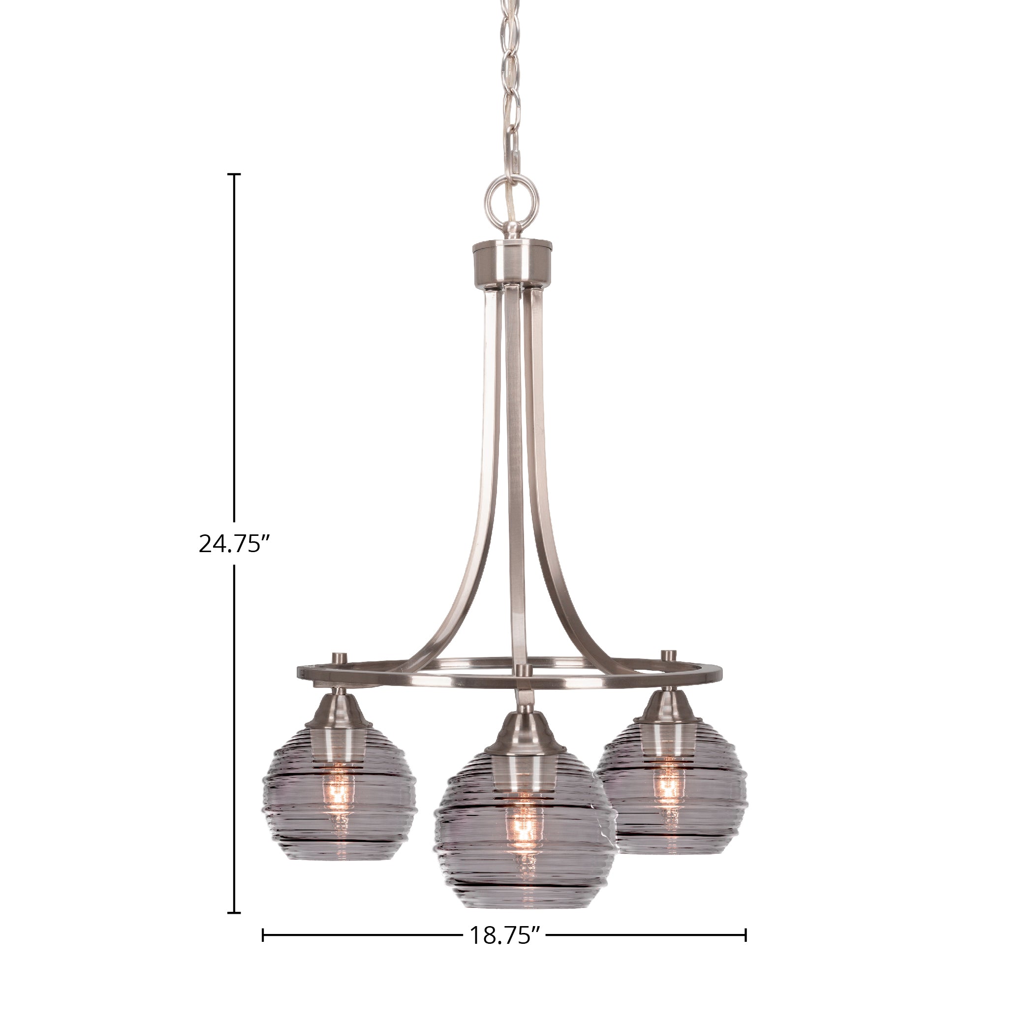Paramount Three Light Chandelier in Brushed Nickel with 6" Smoke Ribbed Shade