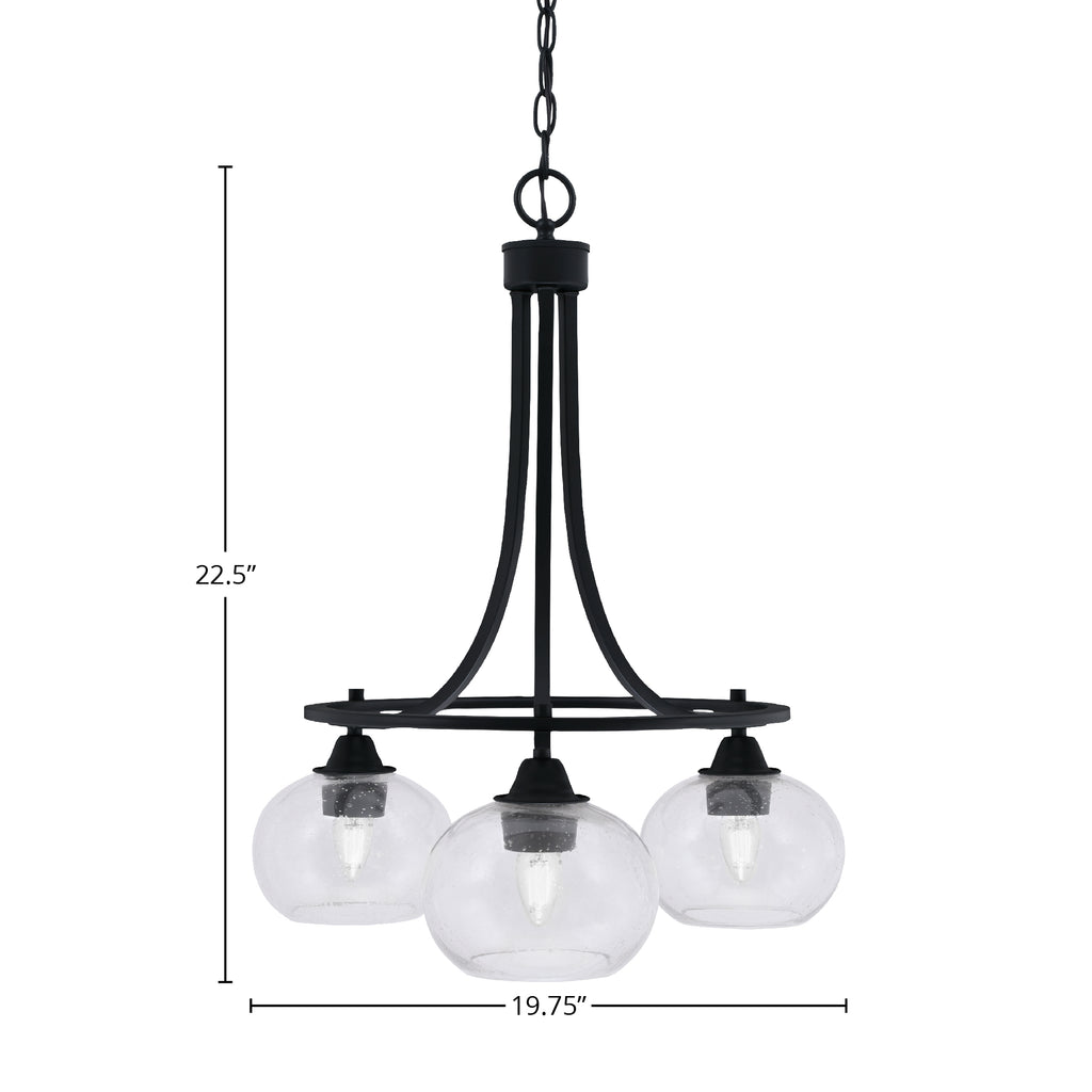 Paramount Three Light Chandelier in Matte Black with 7" Clear Bubble Shade