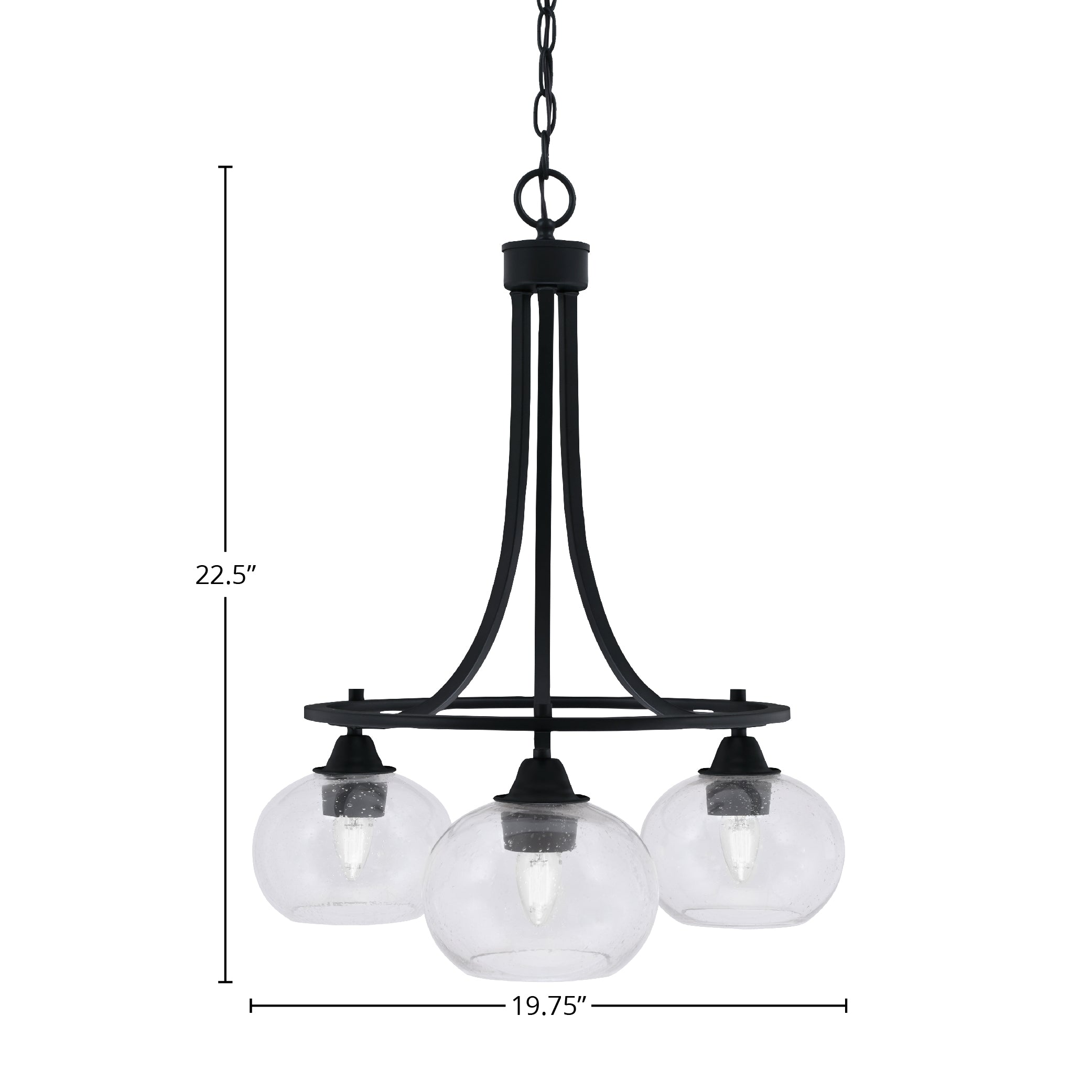 Paramount Three Light Chandelier in Matte Black with 7" Clear Bubble Shade