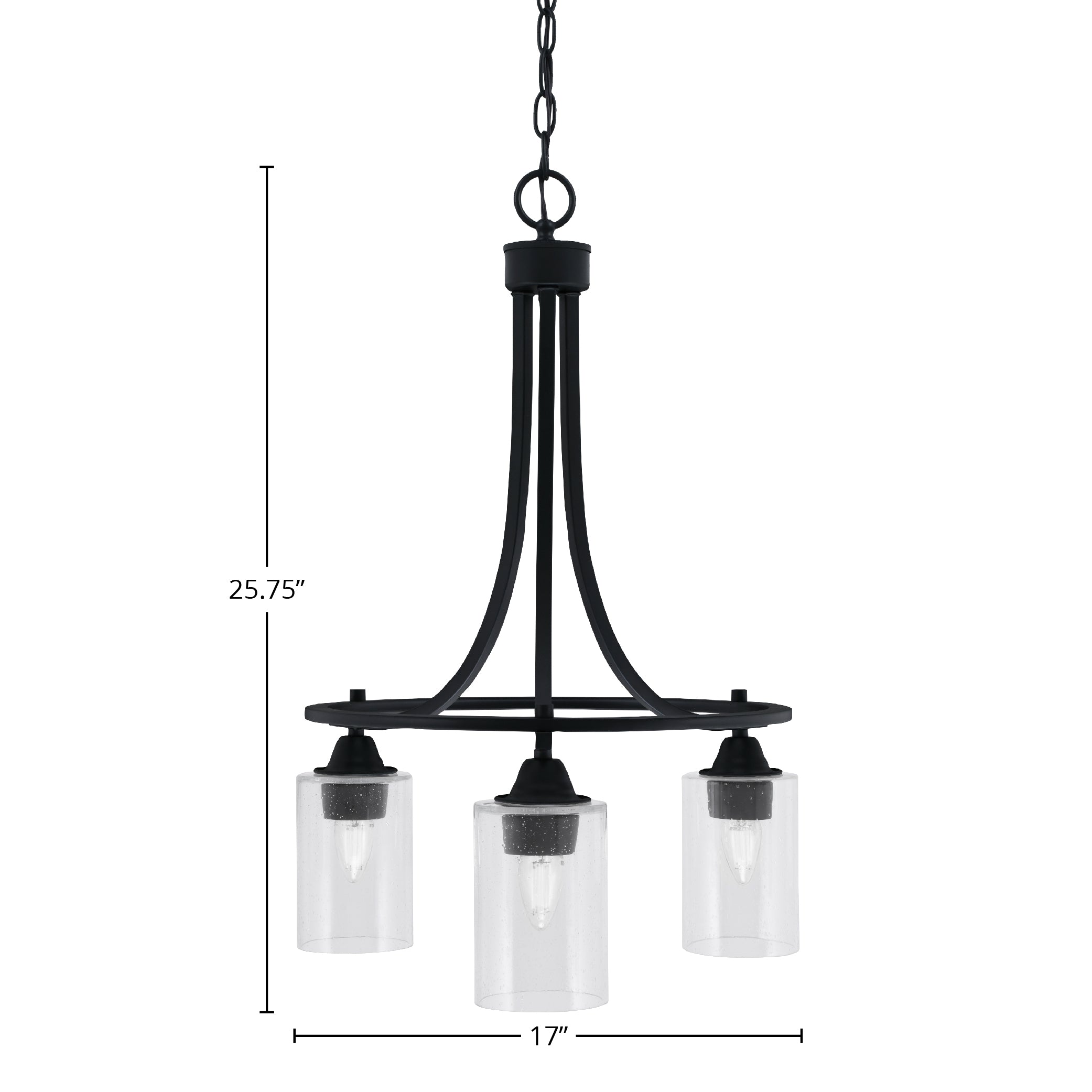 Paramount Three Light Chandelier in Matte Black with 4" Clear Bubble Shade