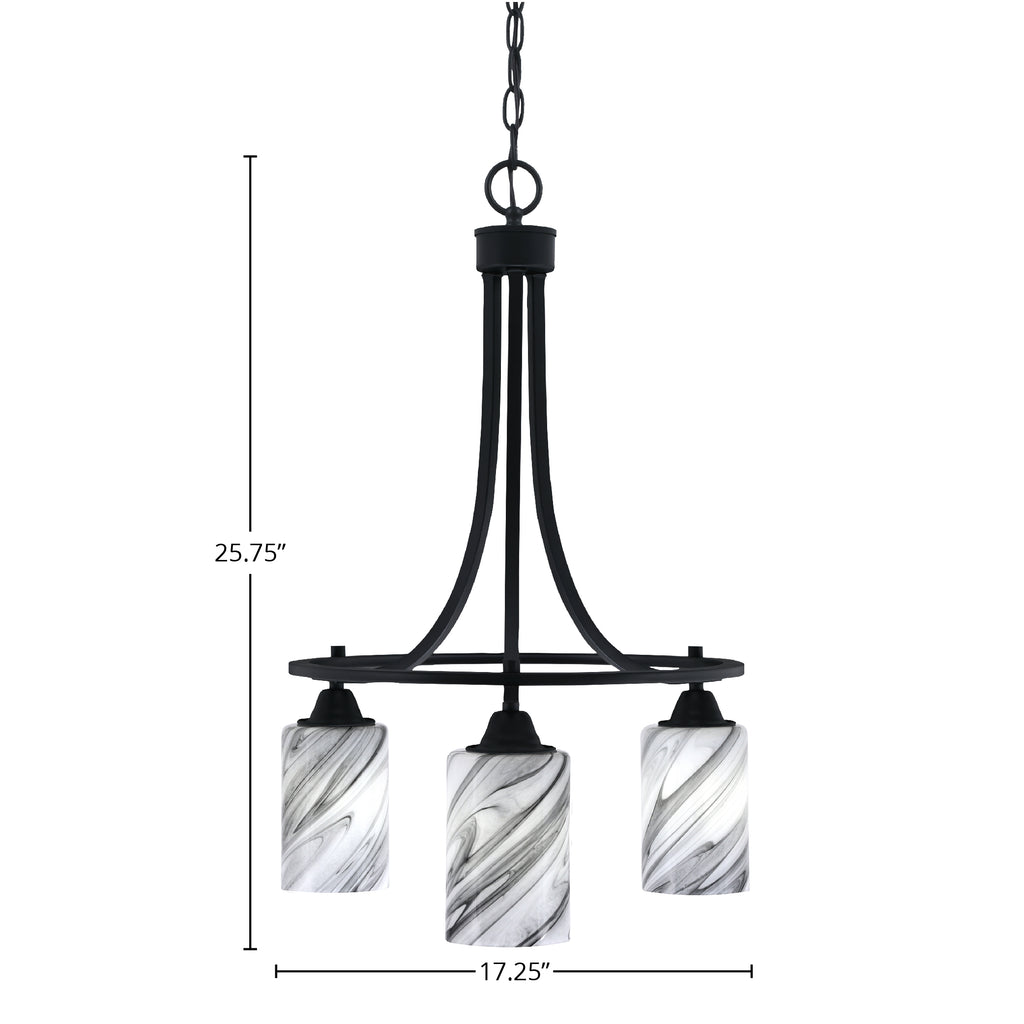 Paramount Three Light Chandelier in Matte Black with 4" Onyx Swirl Shade
