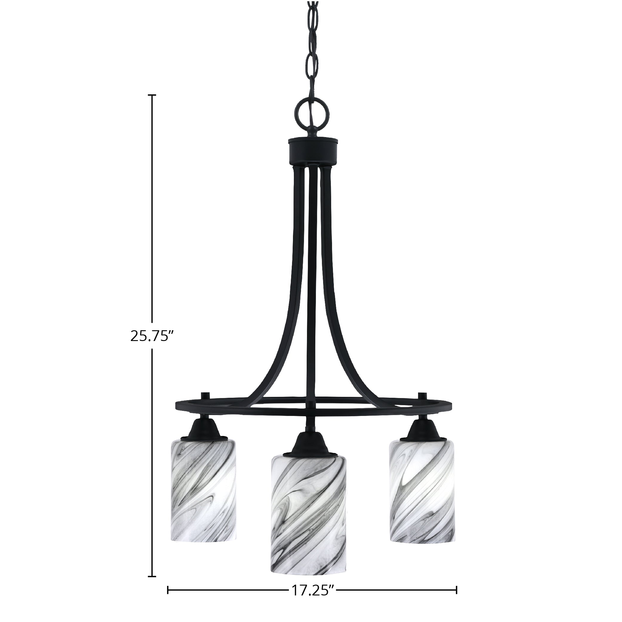 Paramount Three Light Chandelier in Matte Black with 4" Onyx Swirl Shade