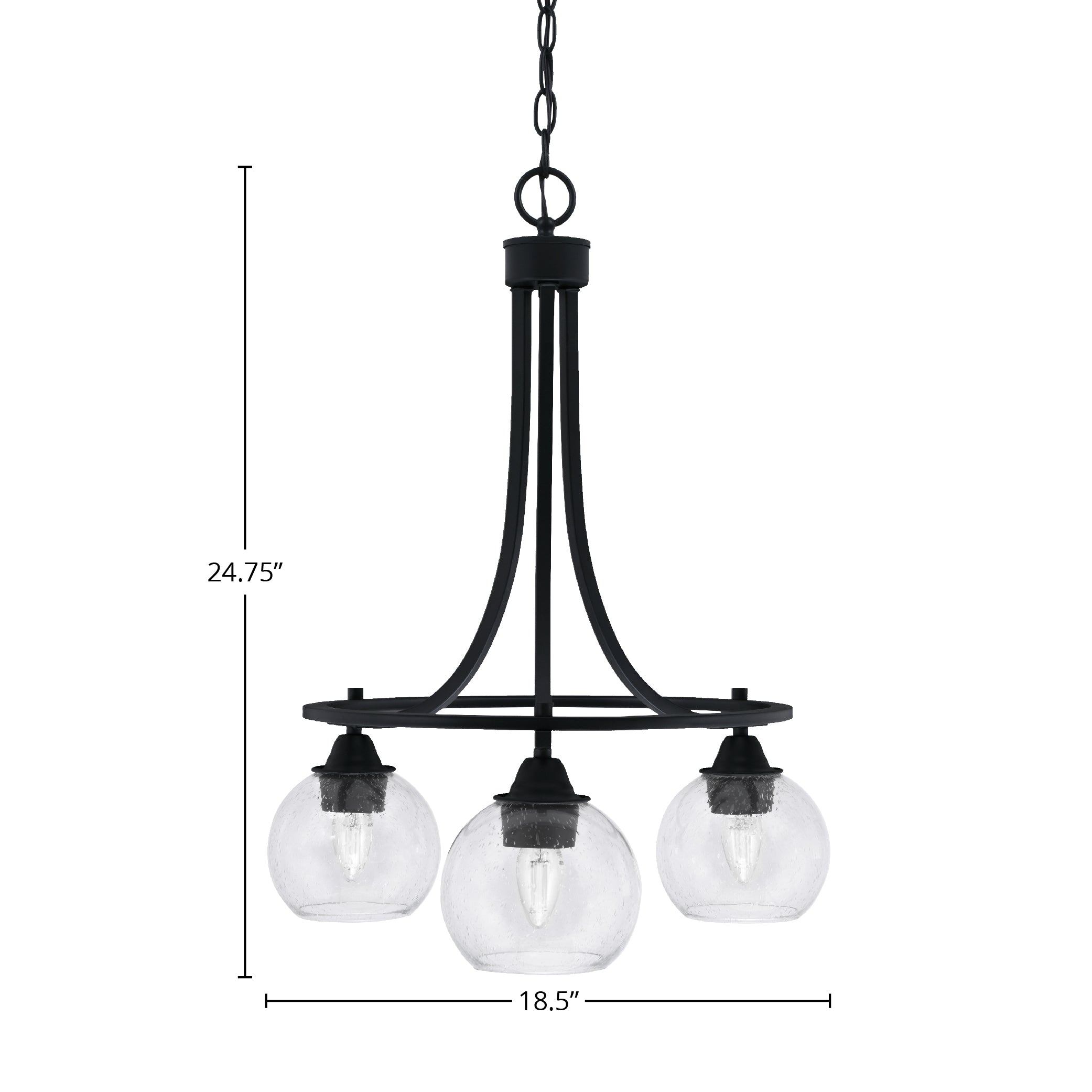 Paramount Three Light Chandelier in Matte Black with 5.75" Clear Bubble Shade