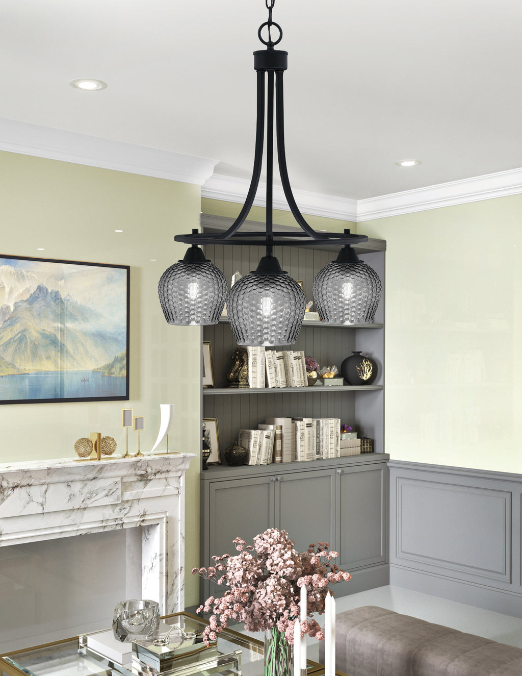 Paramount Three Light Chandelier in Matte Black with Smoke Textured Shade