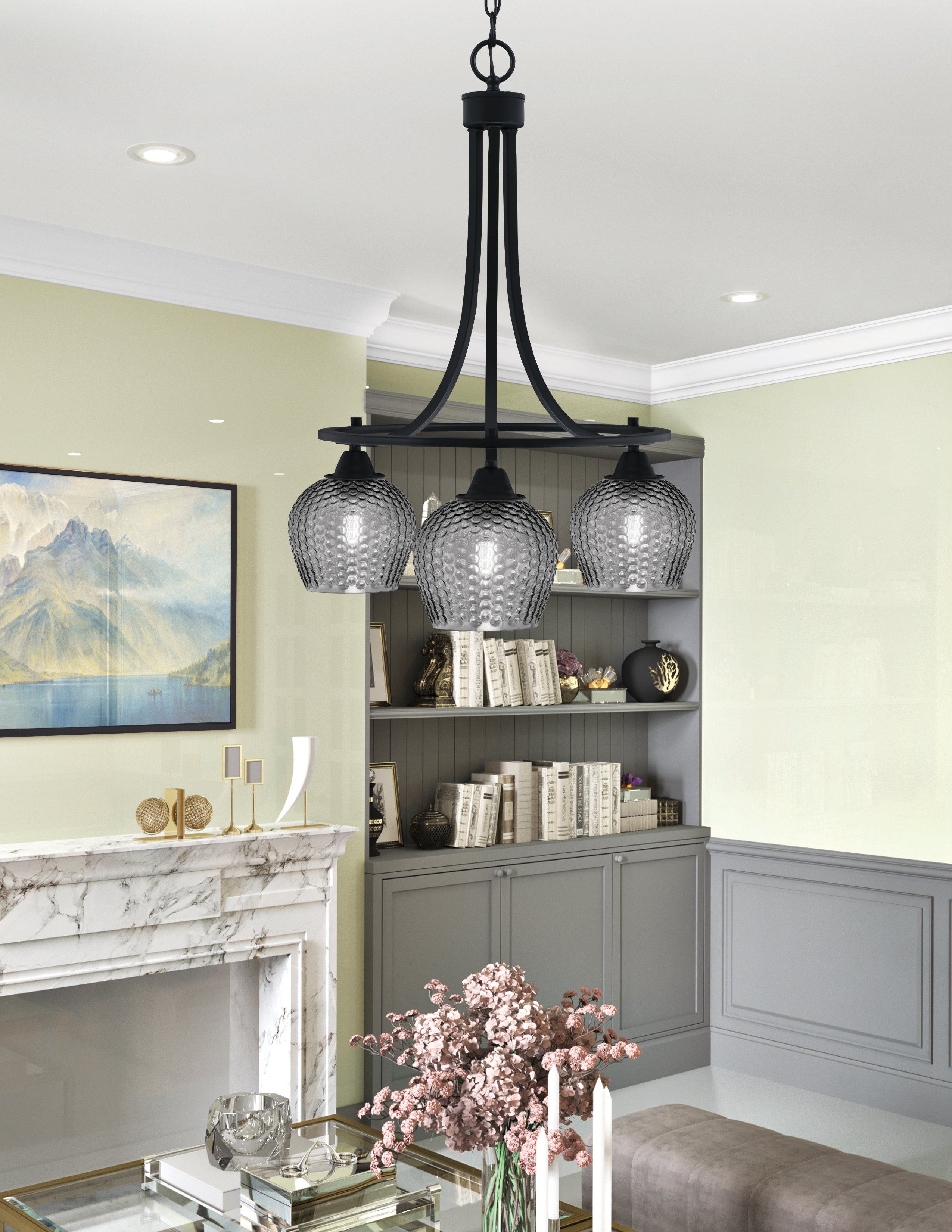 Paramount Three Light Chandelier in Matte Black with Smoke Textured Shade