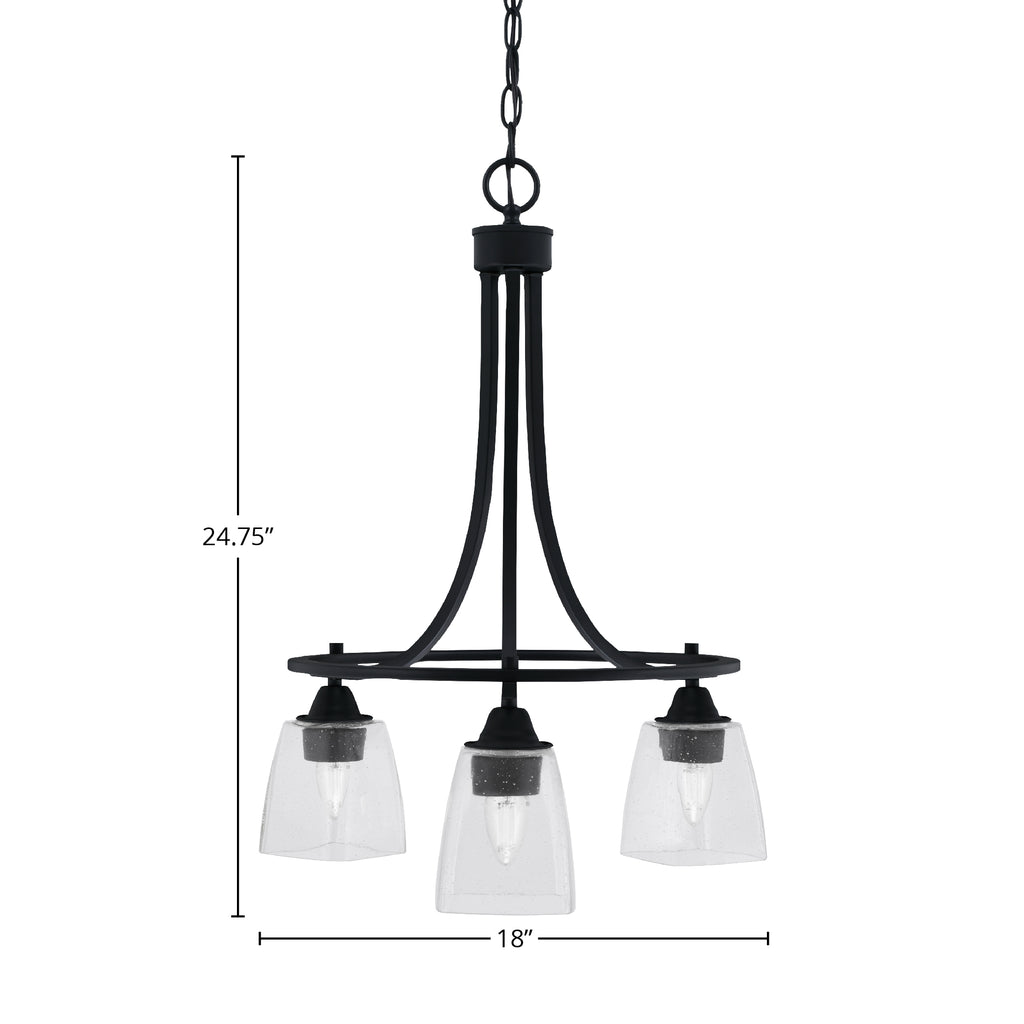 Paramount Three Light Chandelier in Matte Black with 4.5" Square Clear Bubble Shade